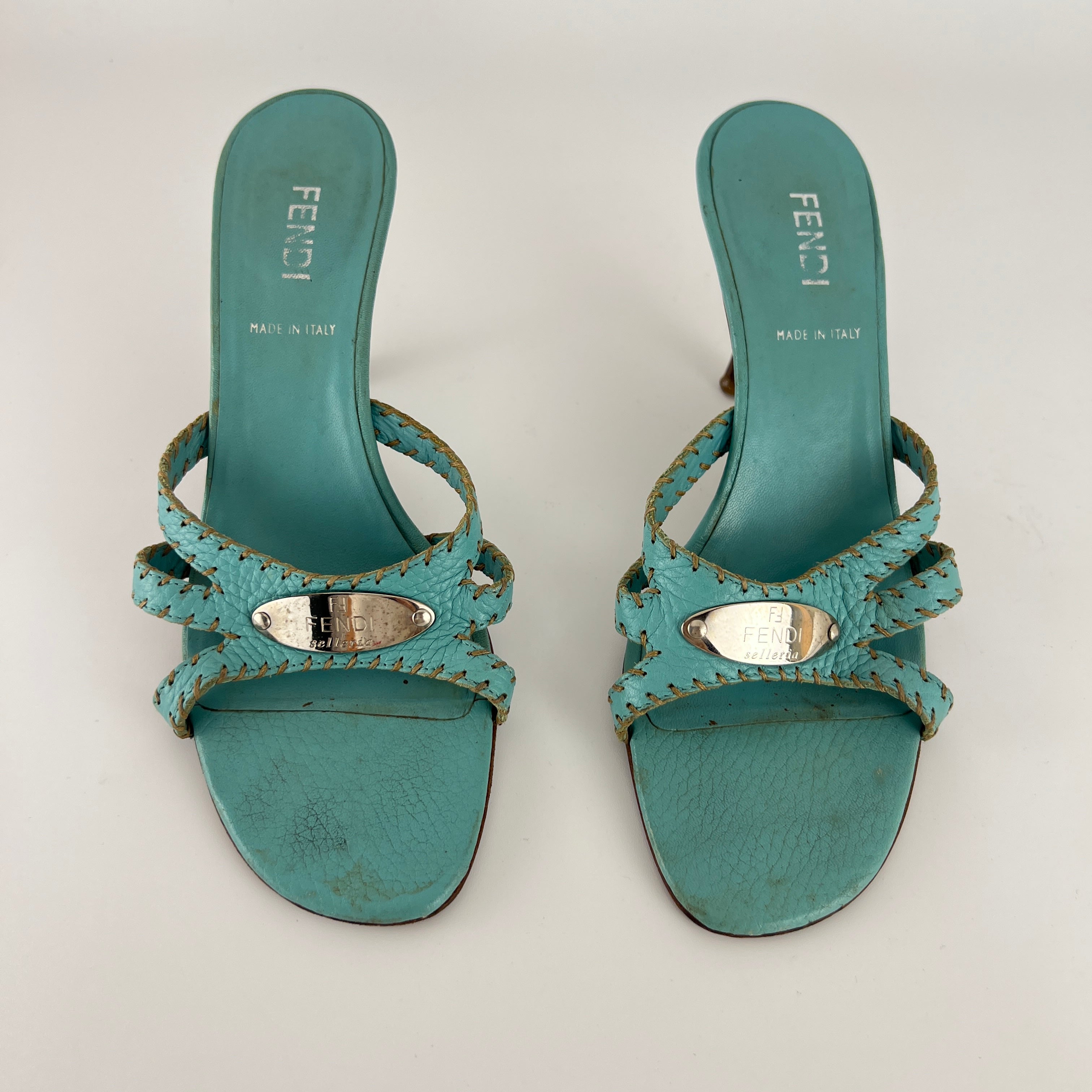 Fendi | Blue Selleria Top Stitching  Mules Silver Hardware Plate (35)