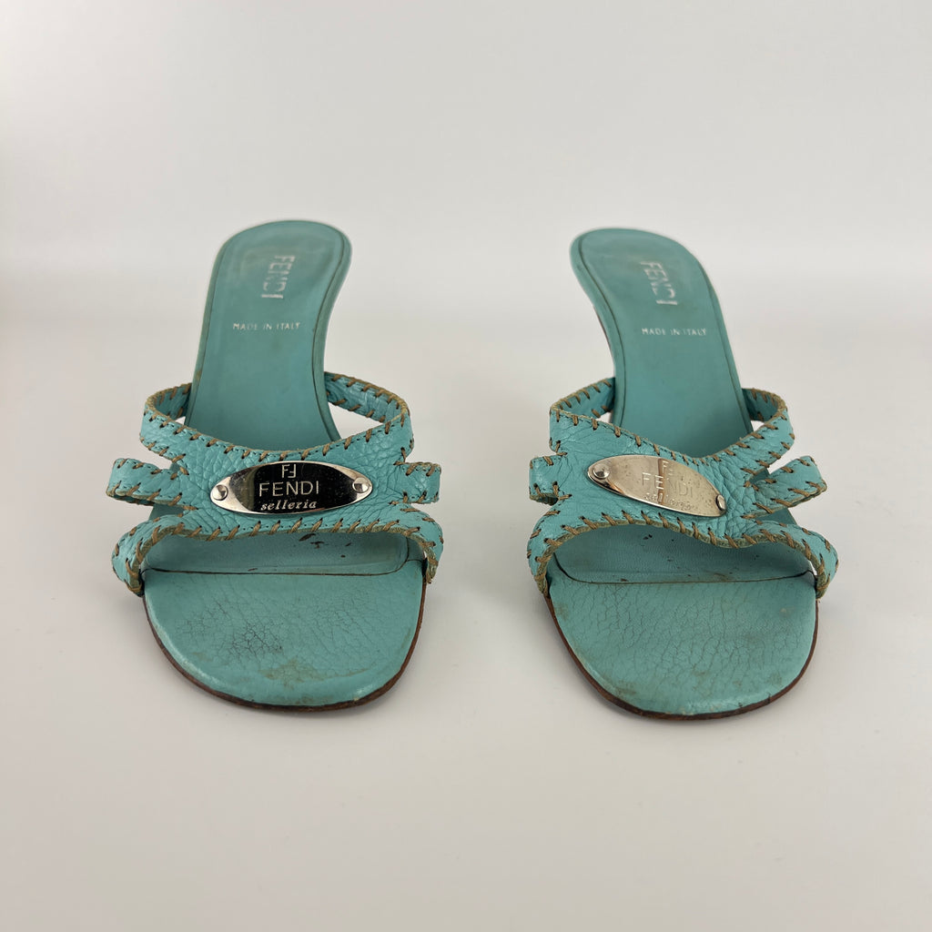 Fendi | Blue Selleria Top Stitching  Mules Silver Hardware Plate (35)