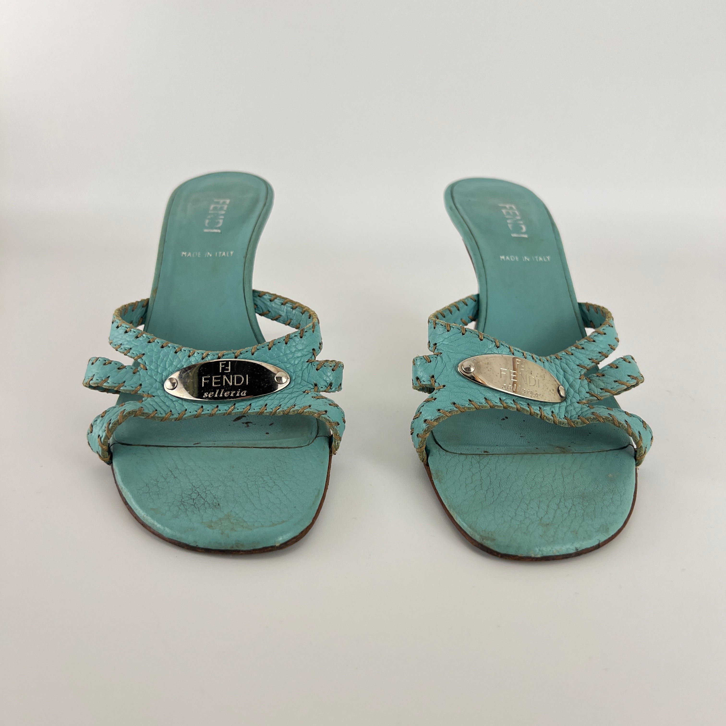 Fendi | Blue Selleria Top Stitching  Mules Silver Hardware Plate (35)