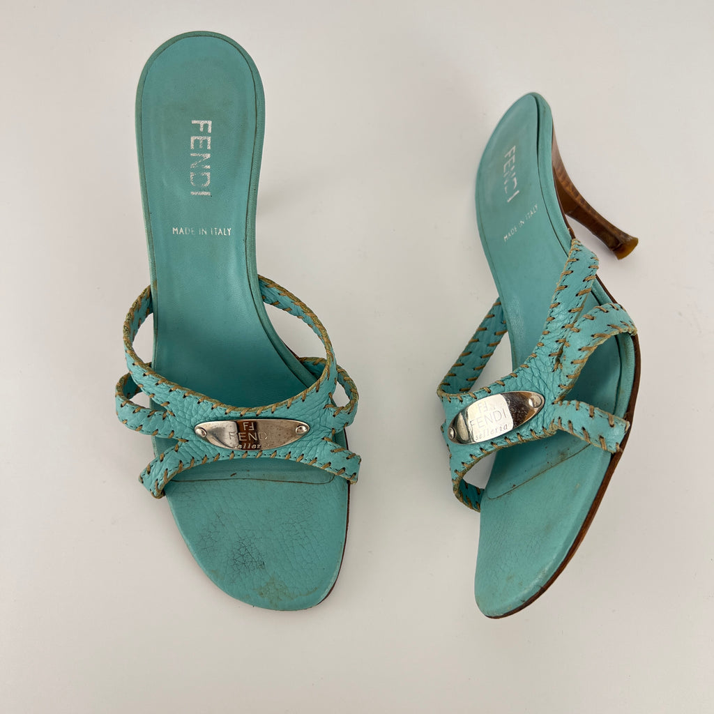 Fendi | Blue Selleria Top Stitching  Mules Silver Hardware Plate (35)