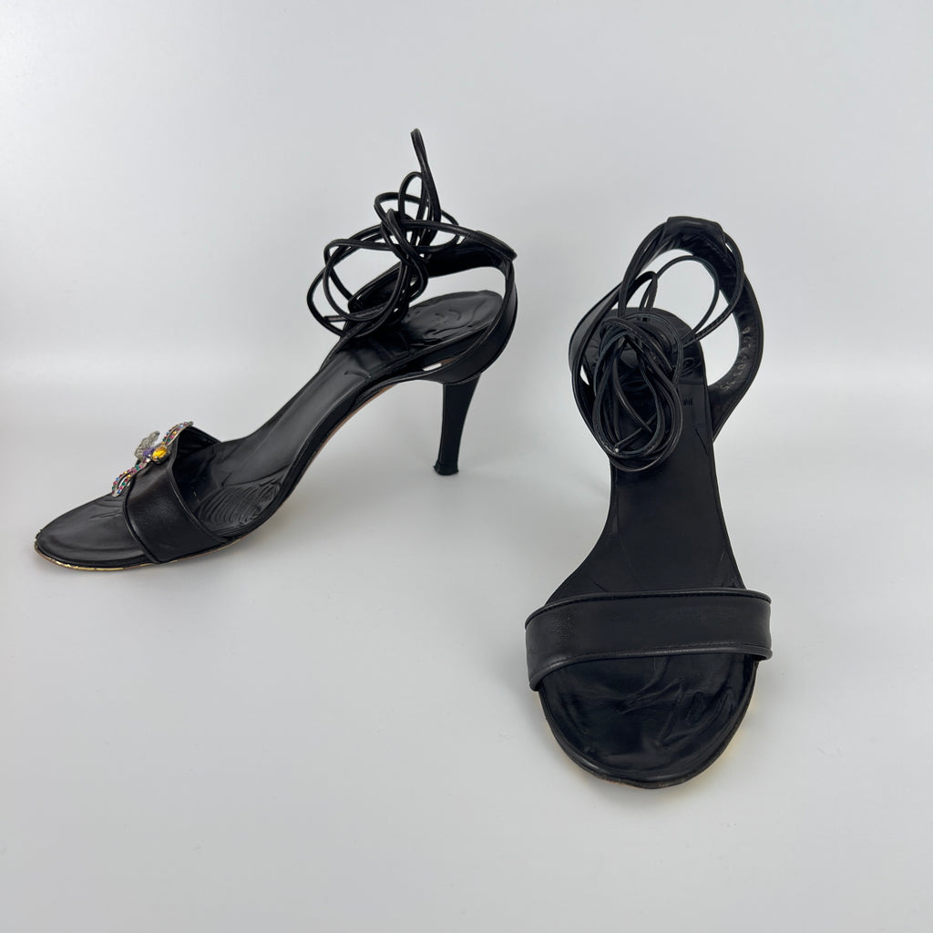 Armani | Black Leather Dragonfly Gem Strappy Lace Up Sandal Heels (35)