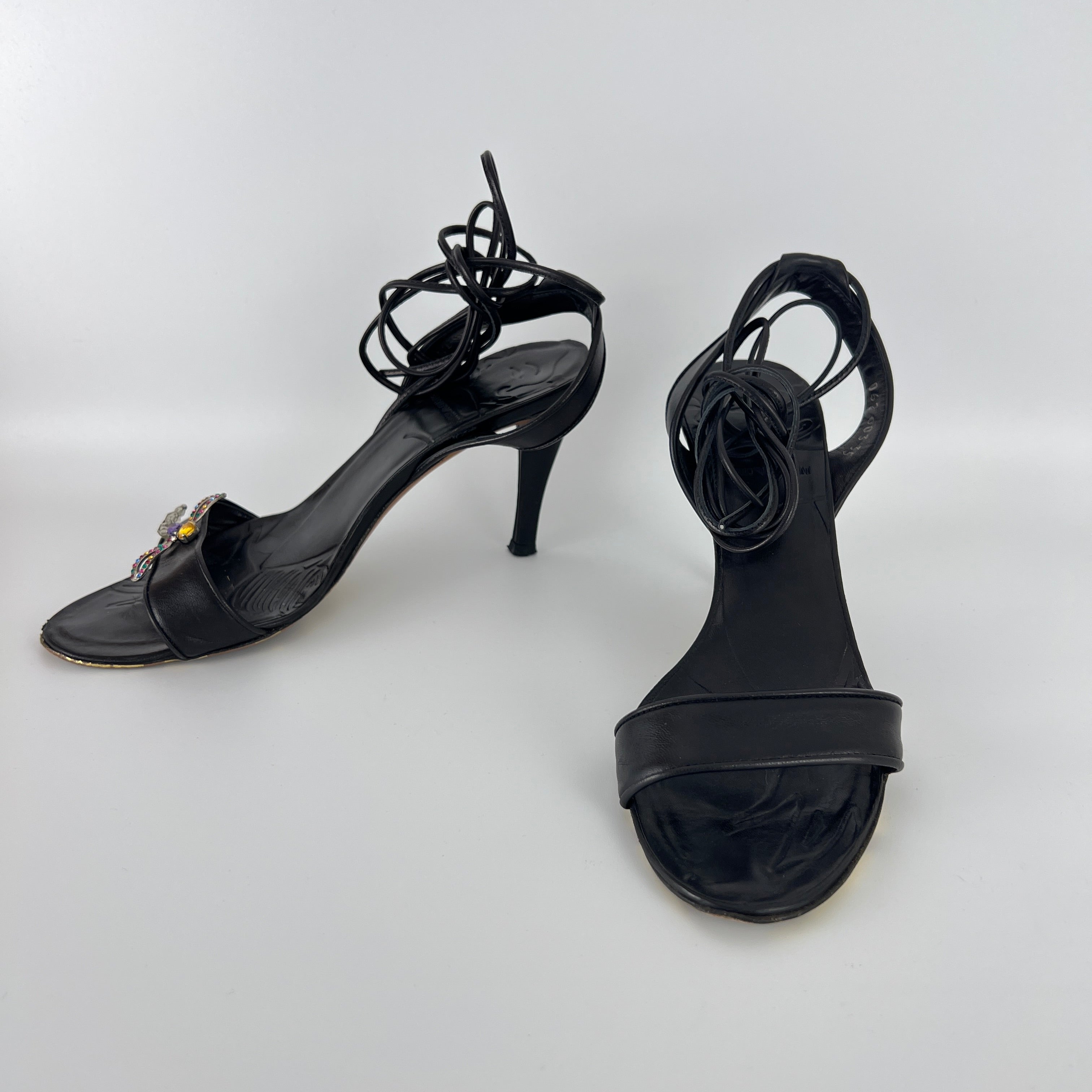Armani | Black Leather Dragonfly Gem Strappy Lace Up Sandal Heels (35)
