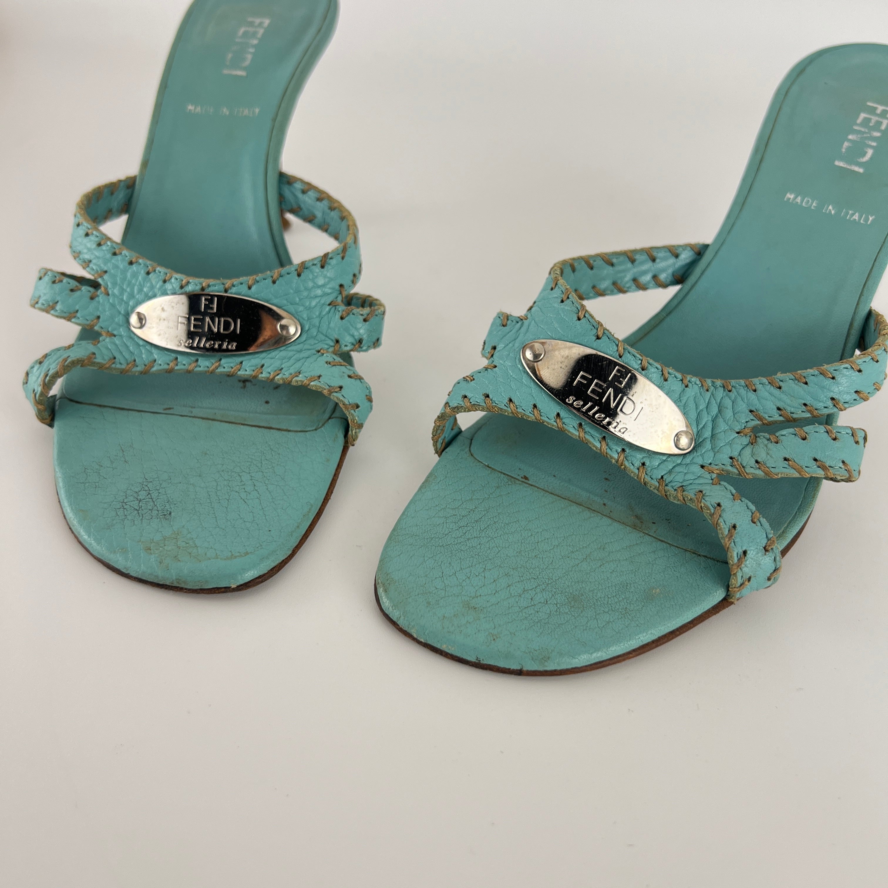 Fendi | Blue Selleria Top Stitching  Mules Silver Hardware Plate (35)