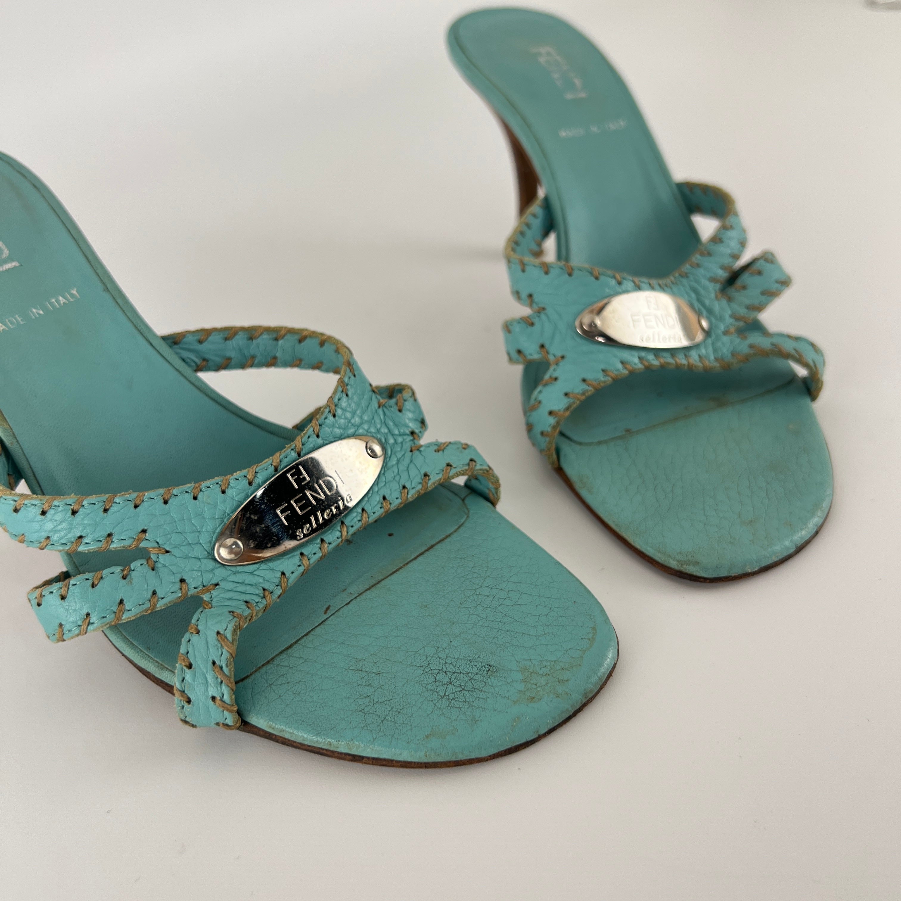 Fendi | Blue Selleria Top Stitching  Mules Silver Hardware Plate (35)