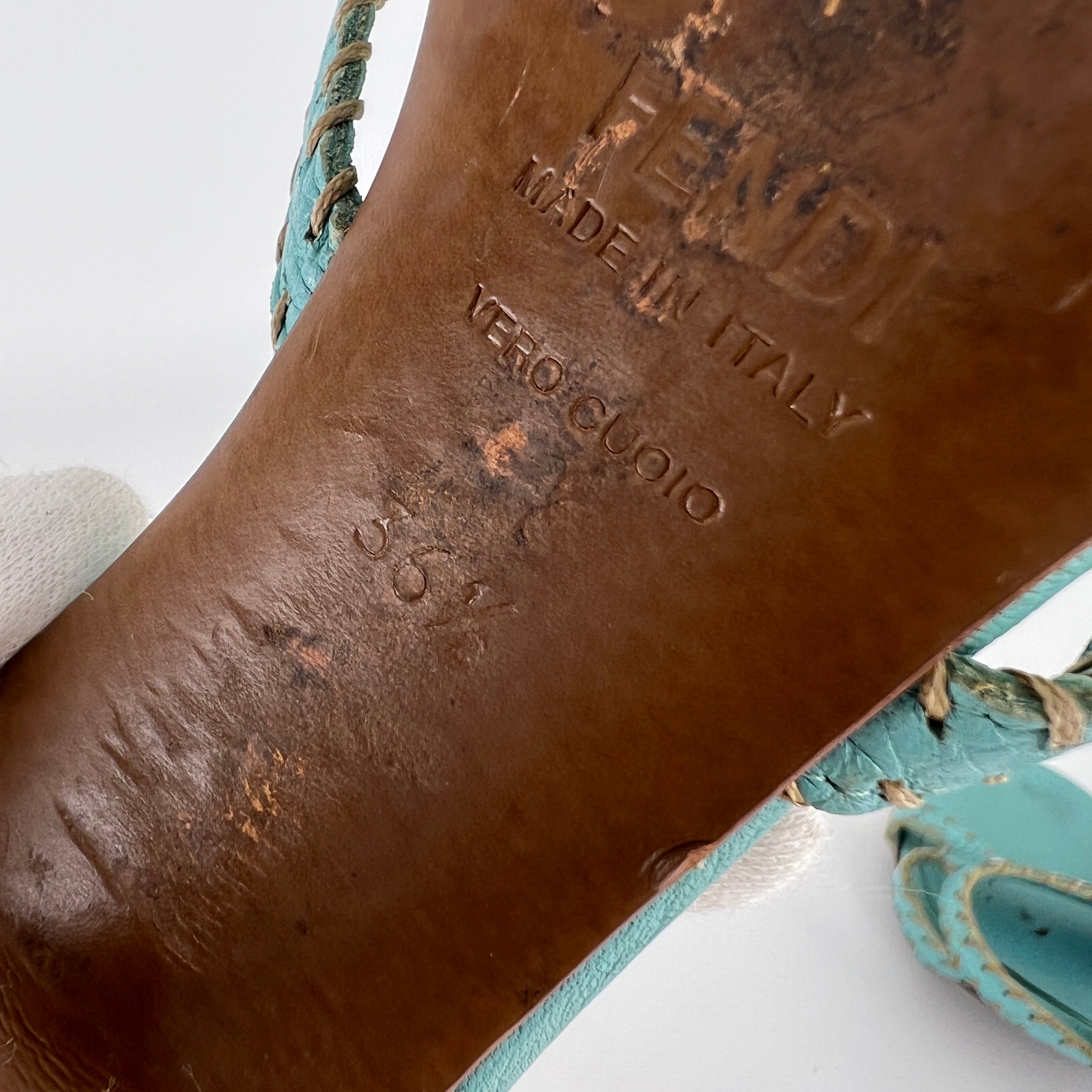 Fendi | Blue Selleria Top Stitching  Mules Silver Hardware Plate (35)