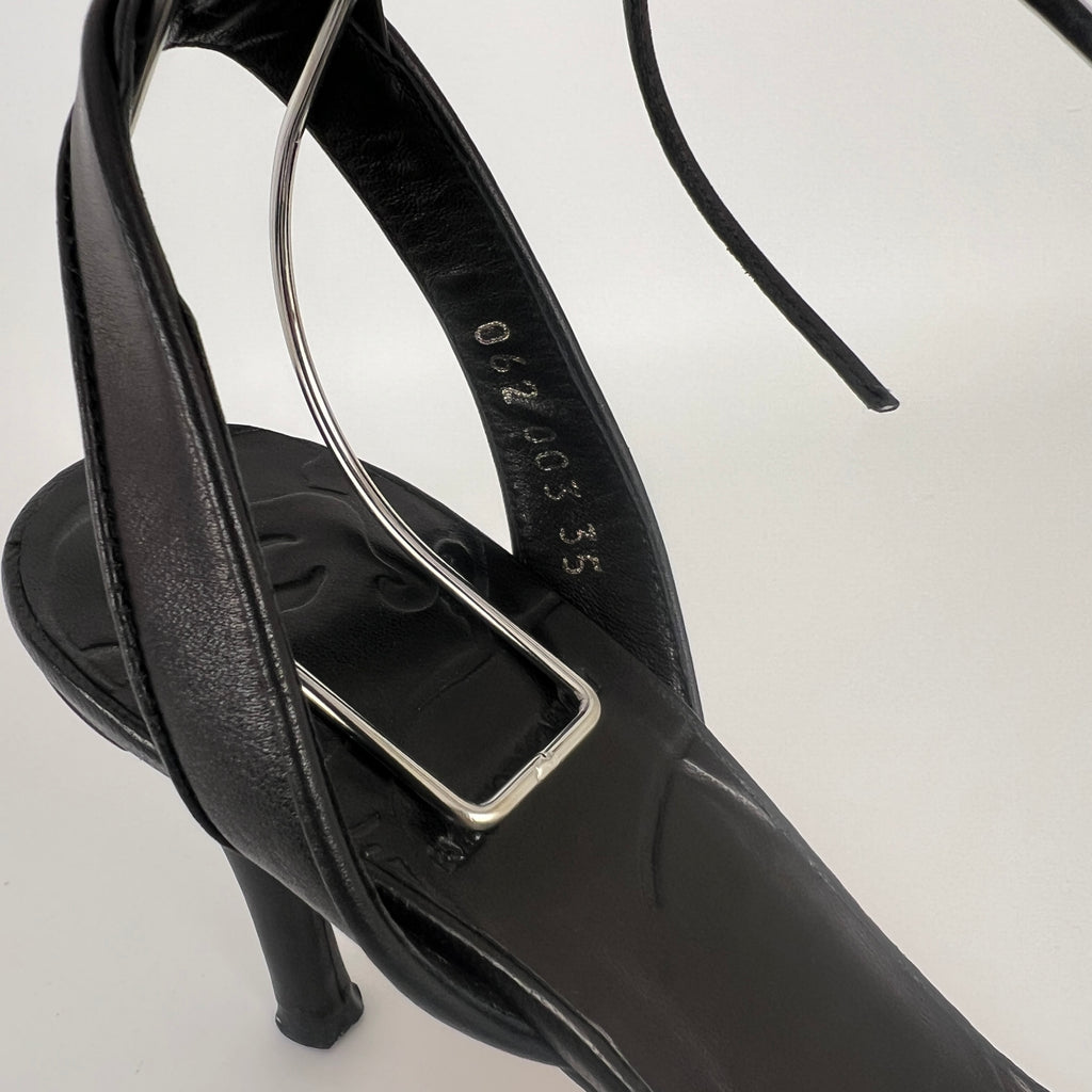 Armani | Black Leather Dragonfly Gem Strappy Lace Up Sandal Heels (35)