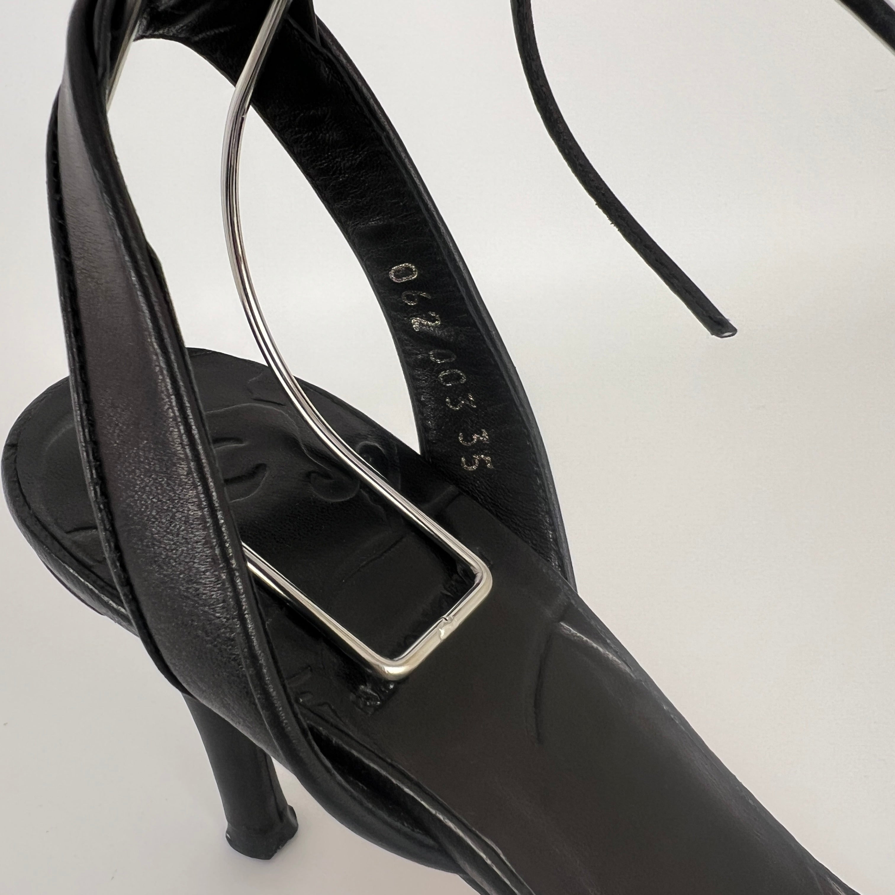 Armani | Black Leather Dragonfly Gem Strappy Lace Up Sandal Heels (35)