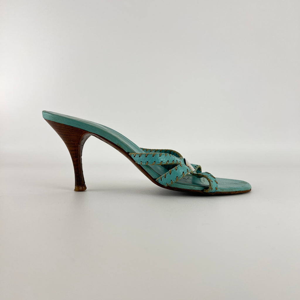 Fendi | Blue Selleria Top Stitching  Mules Silver Hardware Plate (35)