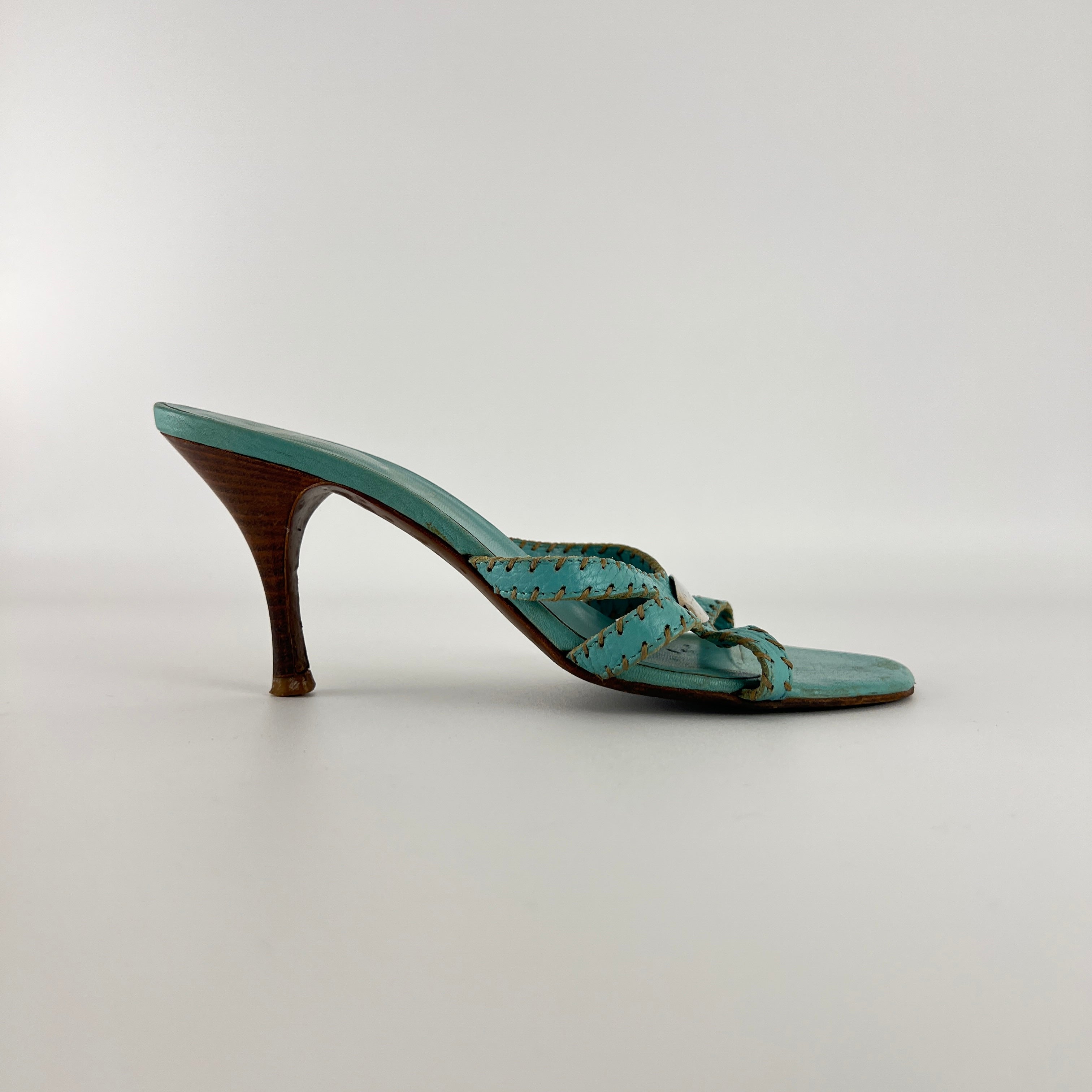 Fendi | Blue Selleria Top Stitching  Mules Silver Hardware Plate (35)