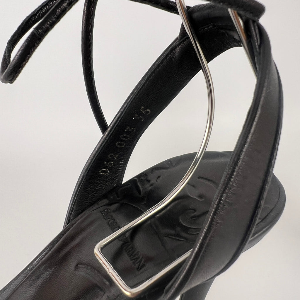 Armani | Black Leather Dragonfly Gem Strappy Lace Up Sandal Heels (35)