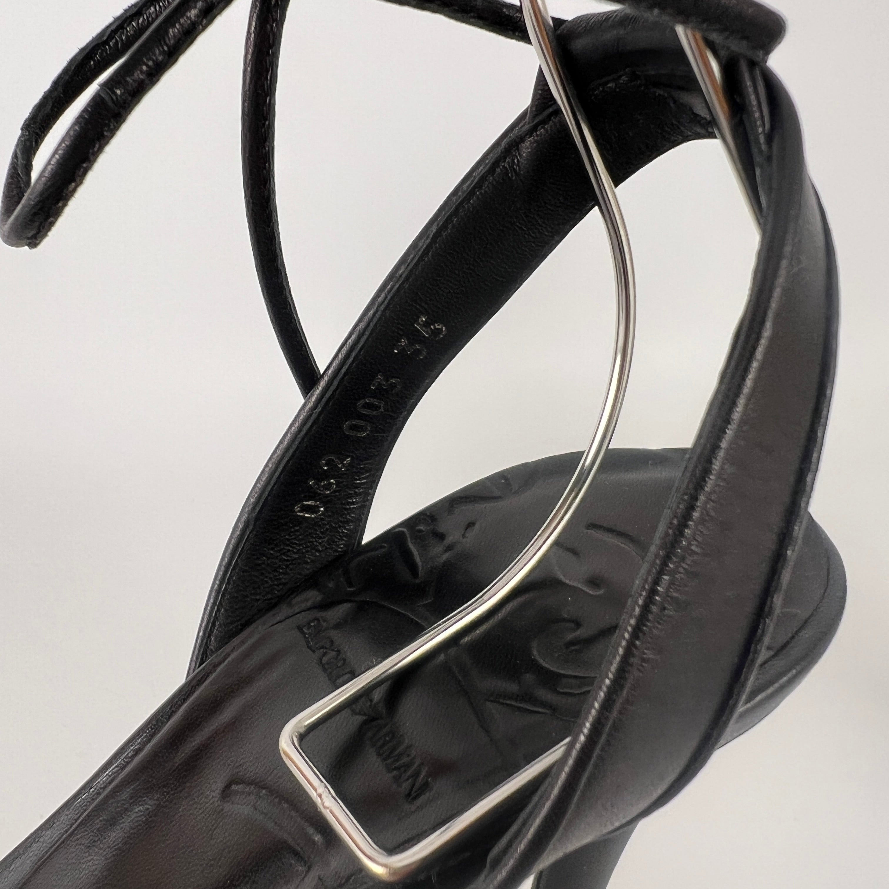 Armani | Black Leather Dragonfly Gem Strappy Lace Up Sandal Heels (35)