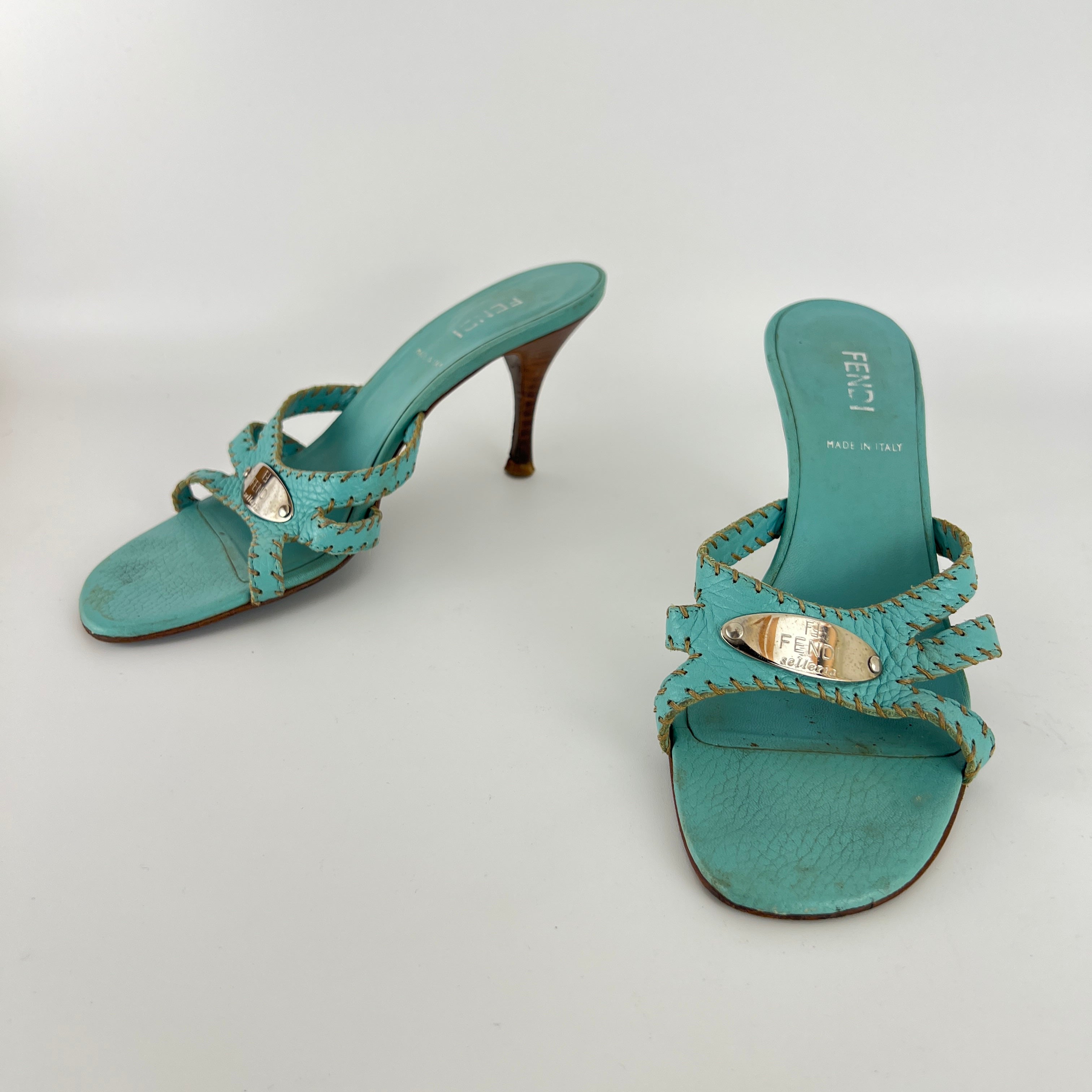 Fendi | Blue Selleria Top Stitching  Mules Silver Hardware Plate (35)