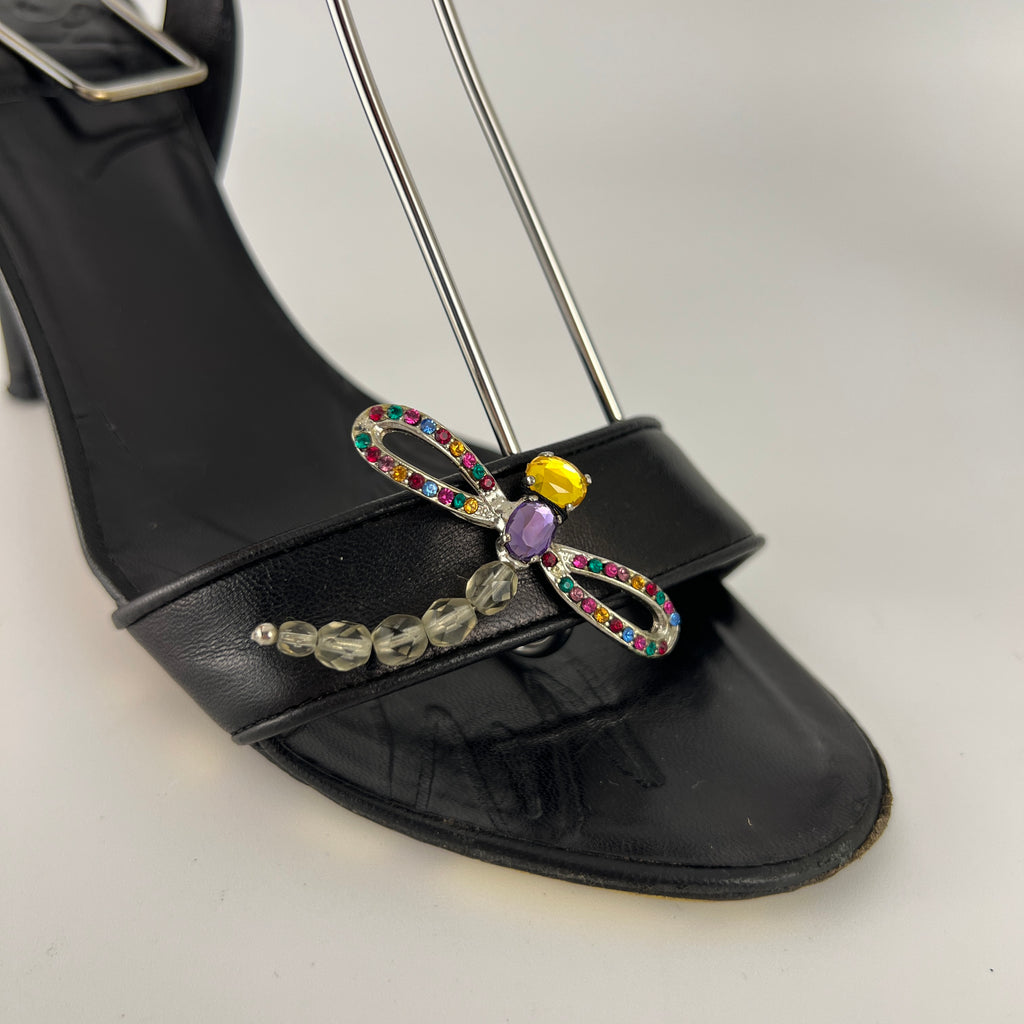 Armani | Black Leather Dragonfly Gem Strappy Lace Up Sandal Heels (35)