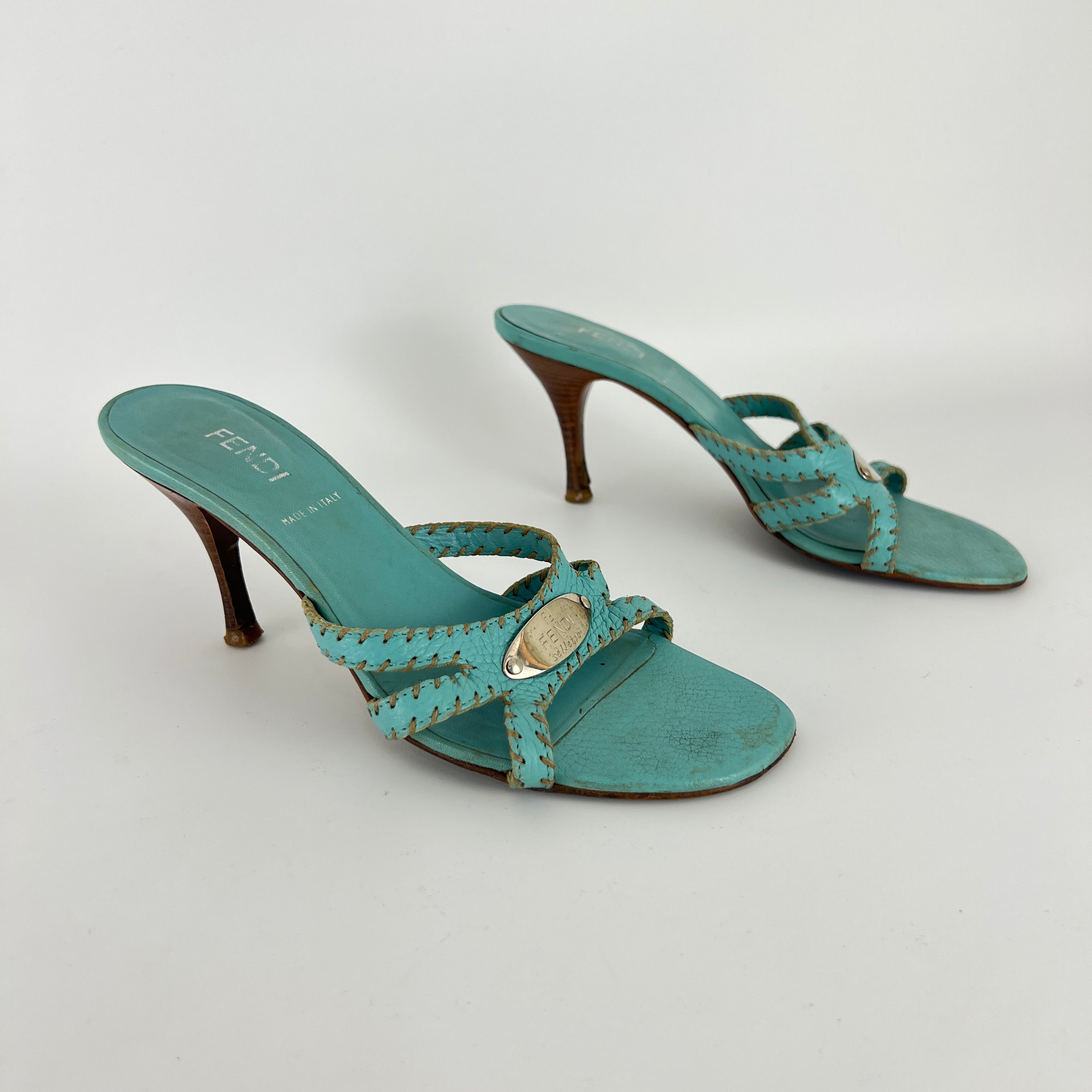 Fendi | Blue Selleria Top Stitching  Mules Silver Hardware Plate (35)