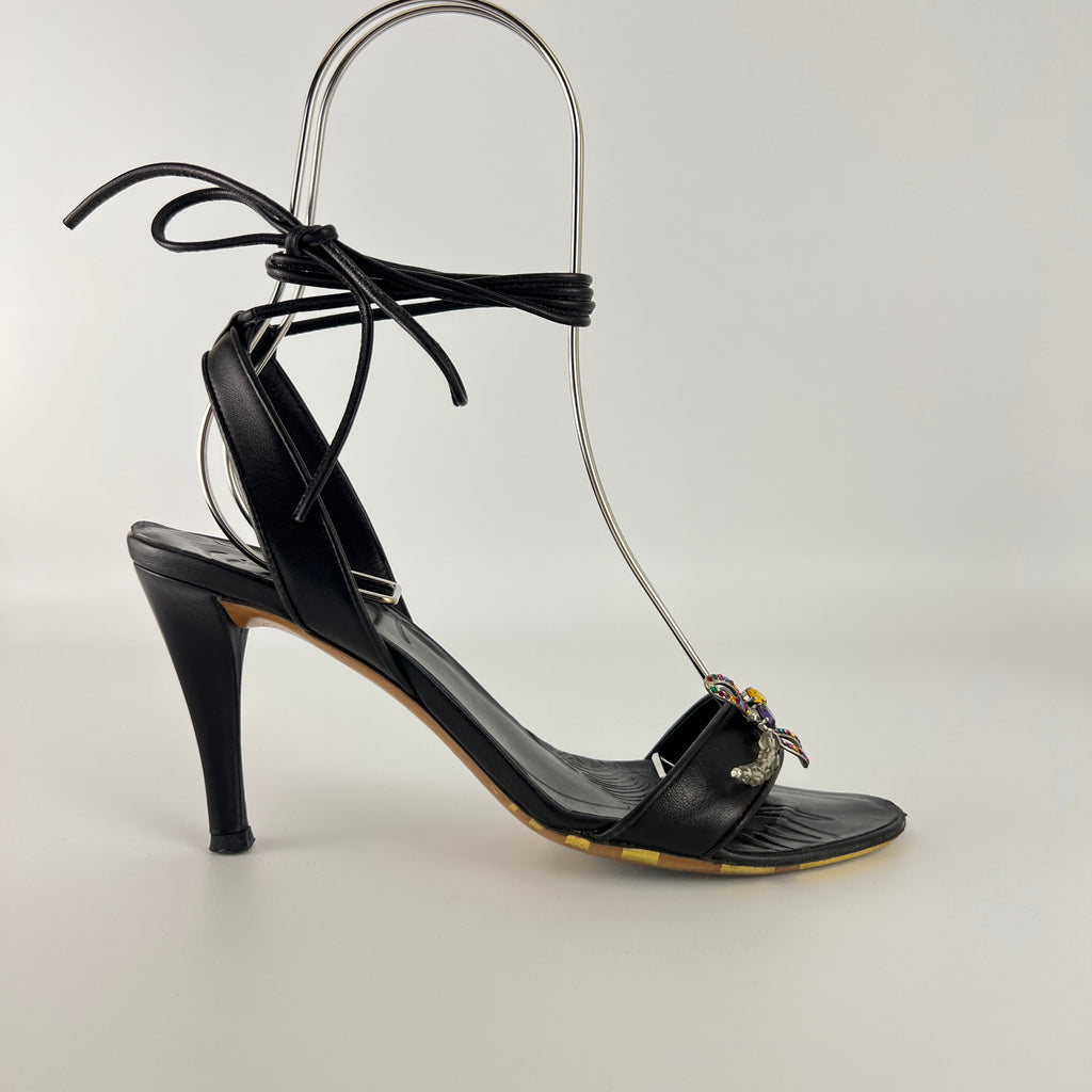 Armani | Black Leather Dragonfly Gem Strappy Lace Up Sandal Heels (35)