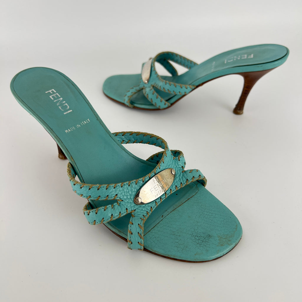 Fendi | Blue Selleria Top Stitching  Mules Silver Hardware Plate (35)