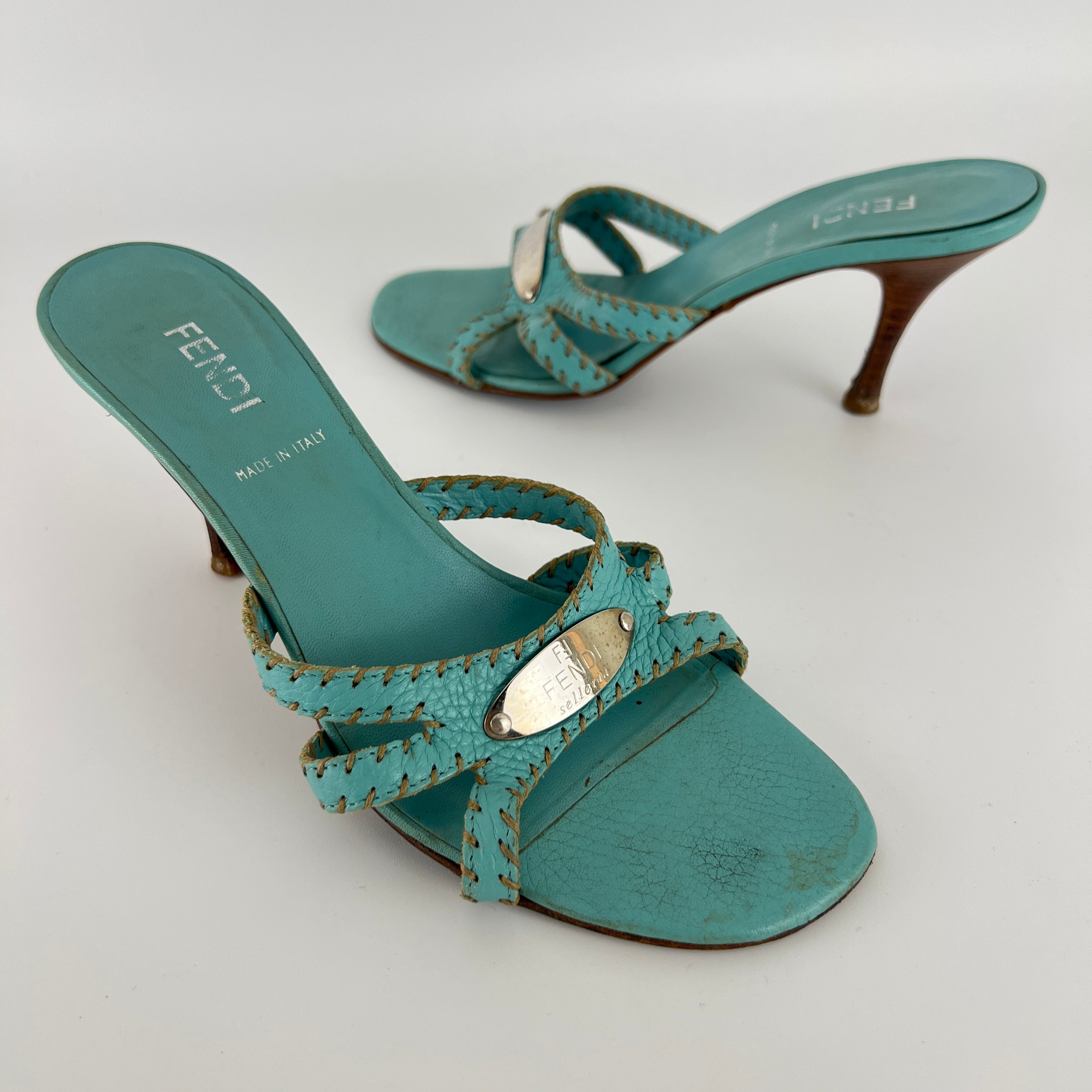 Fendi | Blue Selleria Top Stitching  Mules Silver Hardware Plate (35)