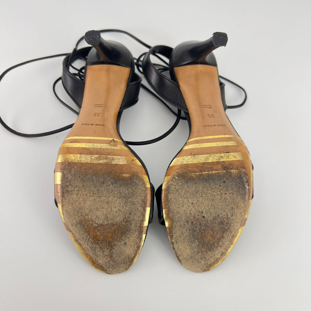 Armani | Black Leather Dragonfly Gem Strappy Lace Up Sandal Heels (35)