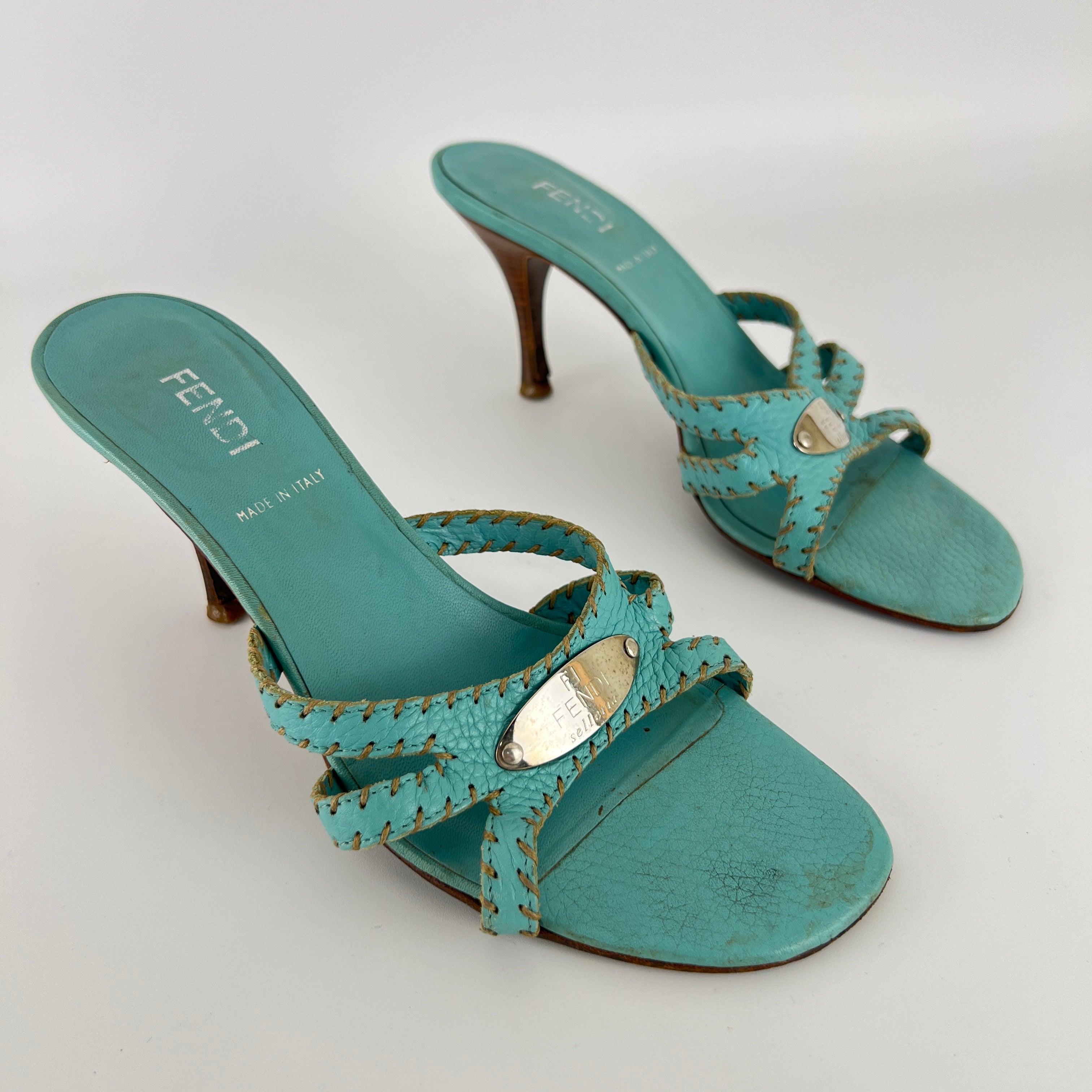 Fendi | Blue Selleria Top Stitching  Mules Silver Hardware Plate (35)