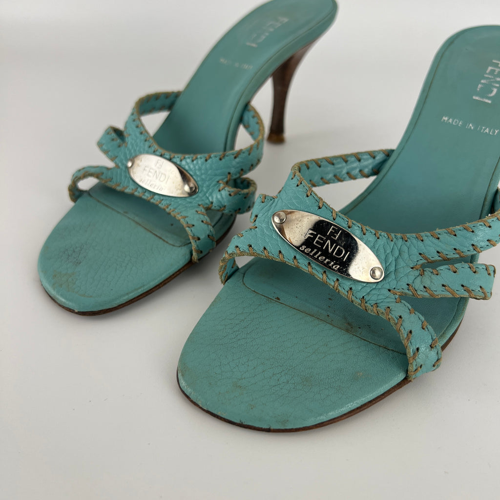 Fendi | Blue Selleria Top Stitching  Mules Silver Hardware Plate (35)
