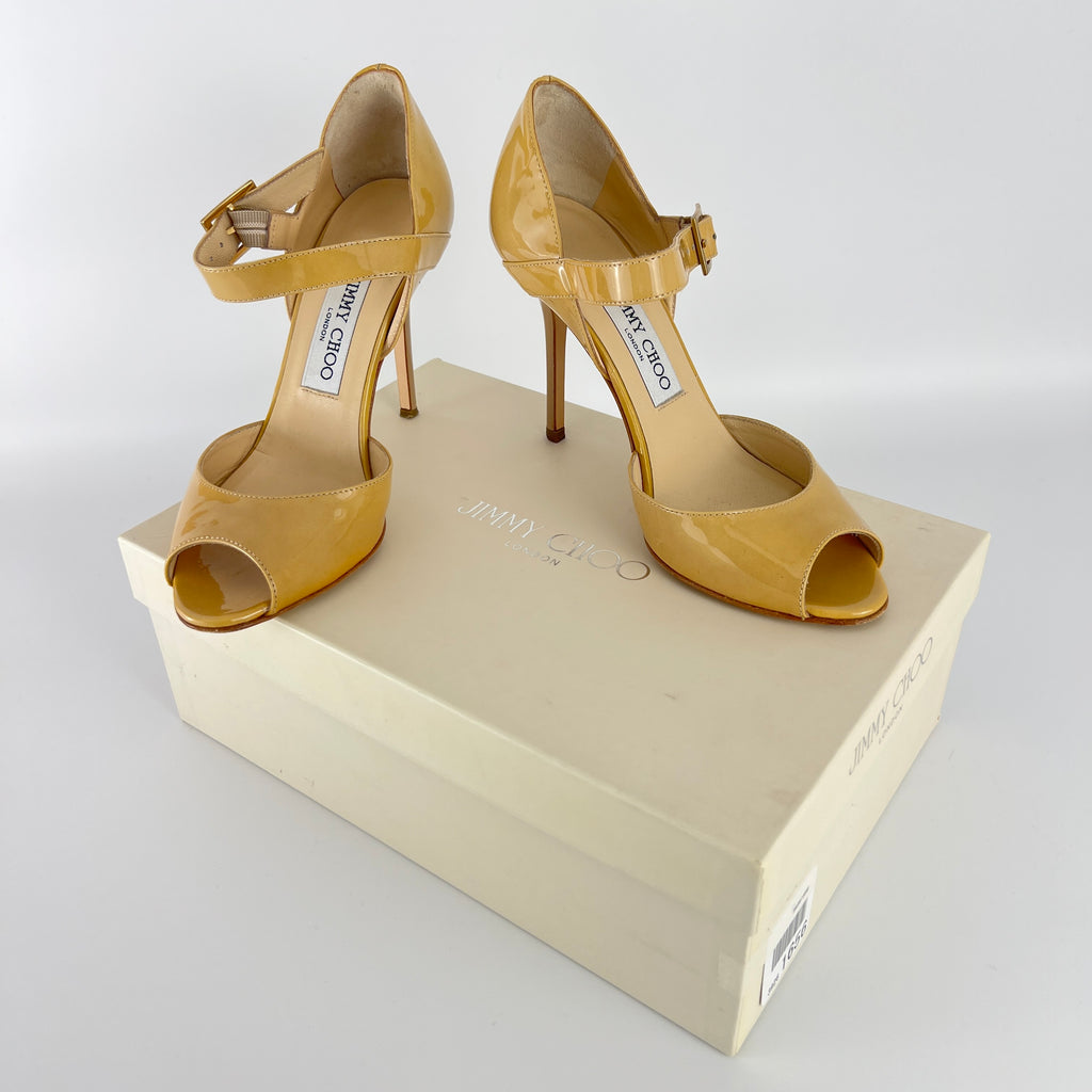Jimmy Choo | Nude Beige Patent Leather Mary Jane Peep Toe Stiletto Pump(36)