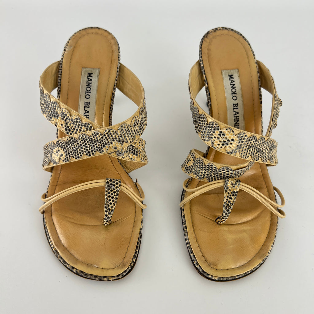 Manolo Blahnik | Tan Snake Leather Thong Mule Scalloped Edges (35.5)