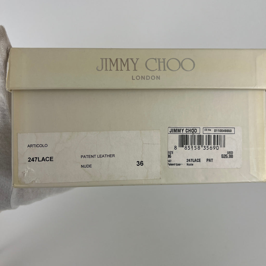 Jimmy Choo | Nude Beige Patent Leather Mary Jane Peep Toe Stiletto Pump(36)