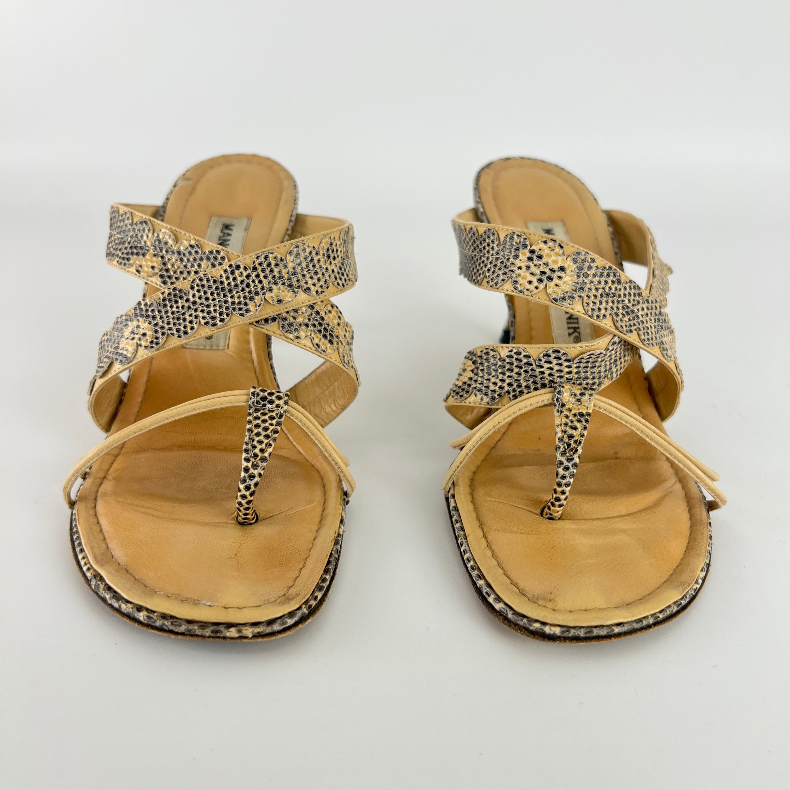 Manolo Blahnik | Tan Snake Leather Thong Mule Scalloped Edges (35.5)