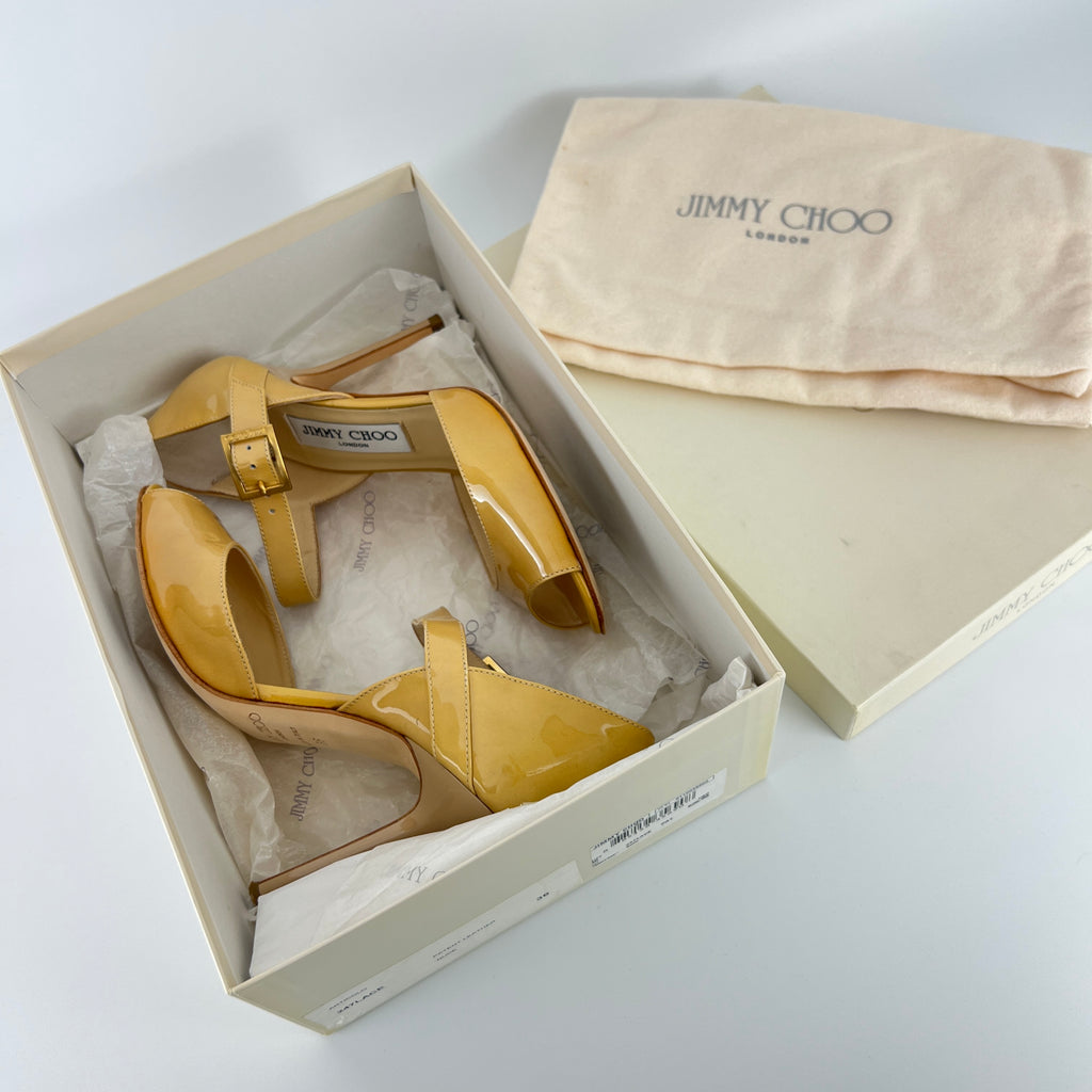 Jimmy Choo | Nude Beige Patent Leather Mary Jane Peep Toe Stiletto Pump(36)