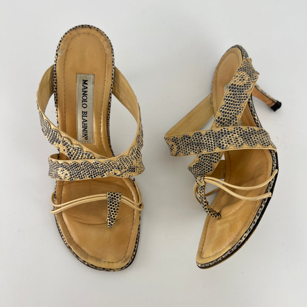Manolo Blahnik | Tan Snake Leather Thong Mule Scalloped Edges (35.5)