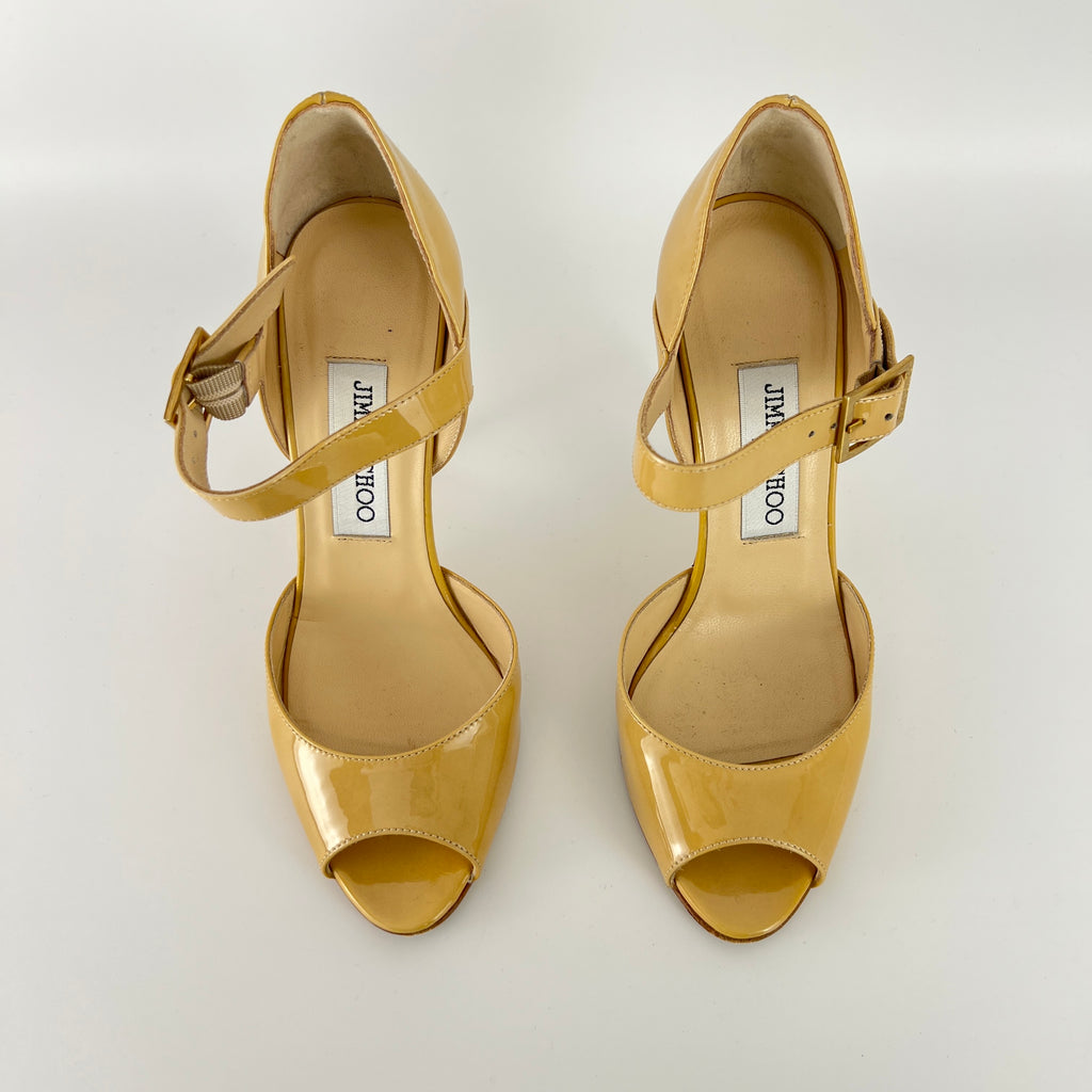 Jimmy Choo | Nude Beige Patent Leather Mary Jane Peep Toe Stiletto Pump(36)