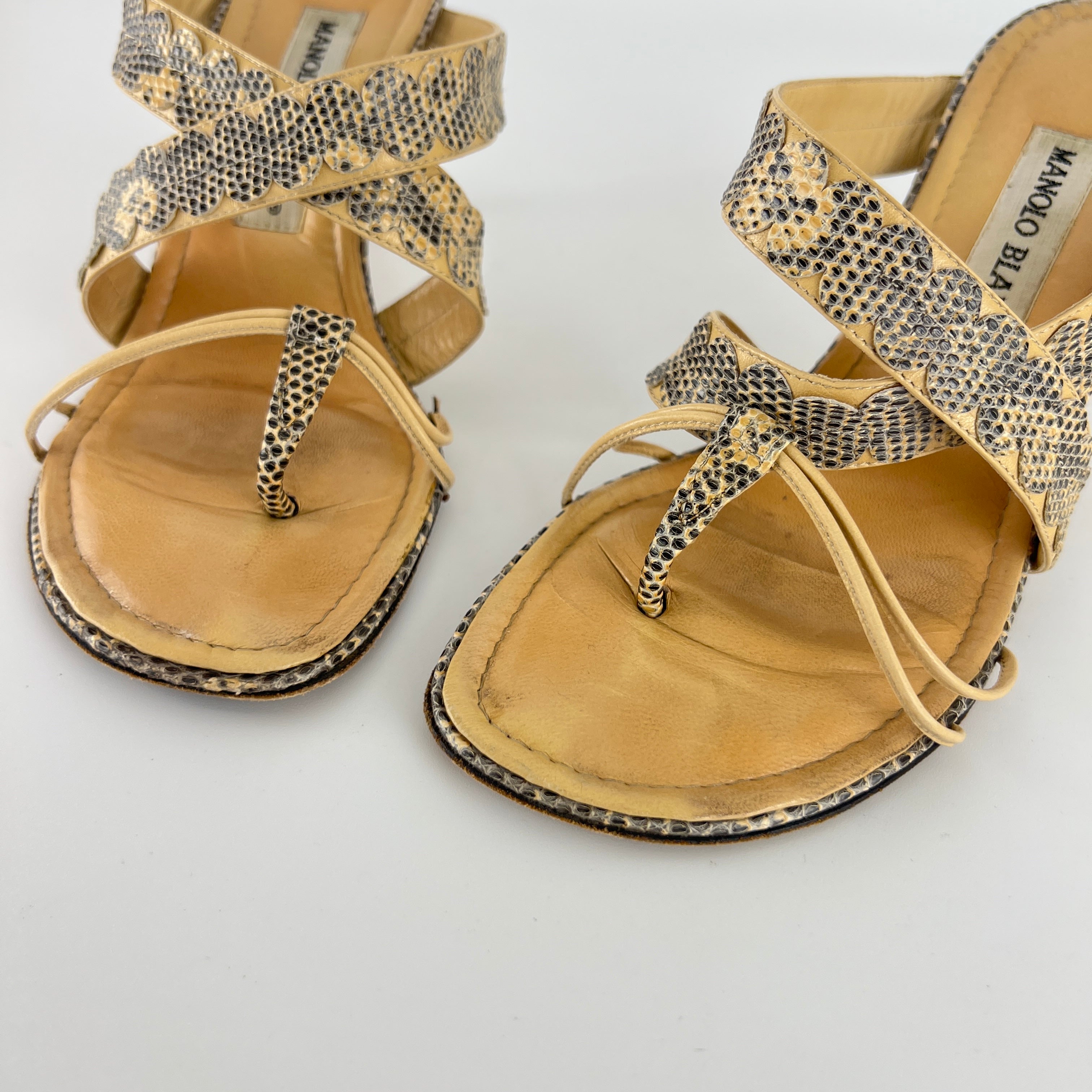 Manolo Blahnik | Tan Snake Leather Thong Mule Scalloped Edges (35.5)