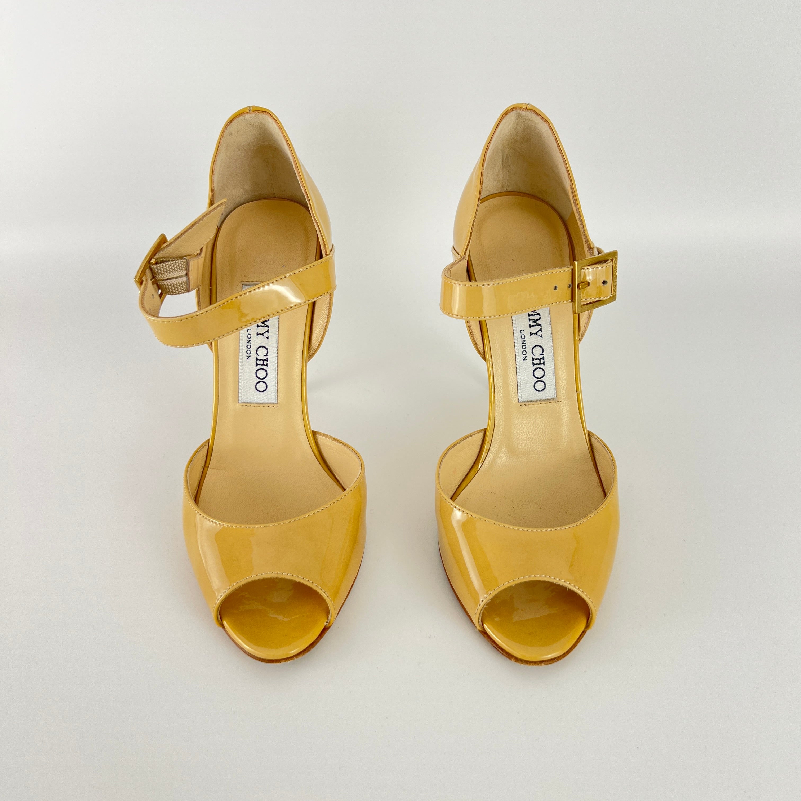 Jimmy Choo | Nude Beige Patent Leather Mary Jane Peep Toe Stiletto Pump(36)