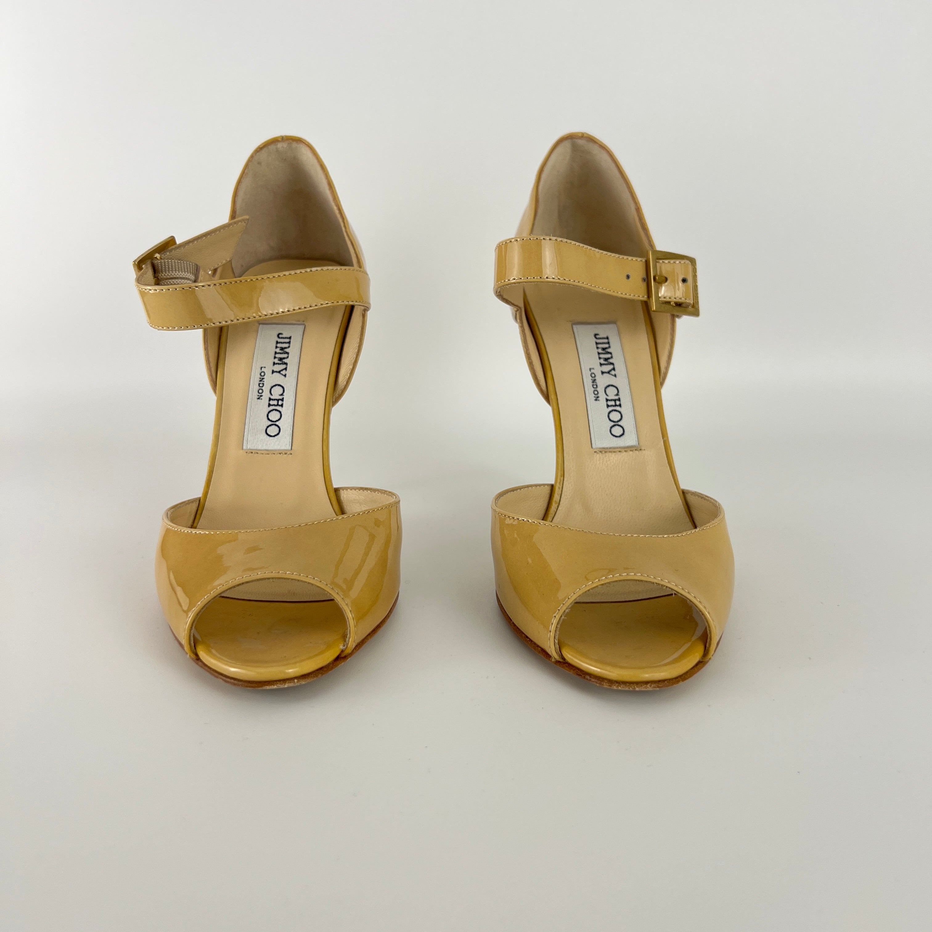 Jimmy Choo | Nude Beige Patent Leather Mary Jane Peep Toe Stiletto Pump(36)