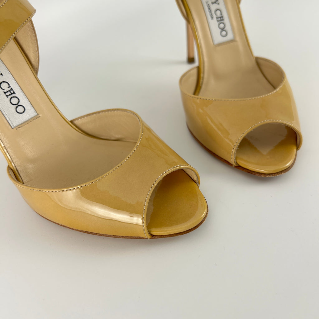 Jimmy Choo | Nude Beige Patent Leather Mary Jane Peep Toe Stiletto Pump(36)