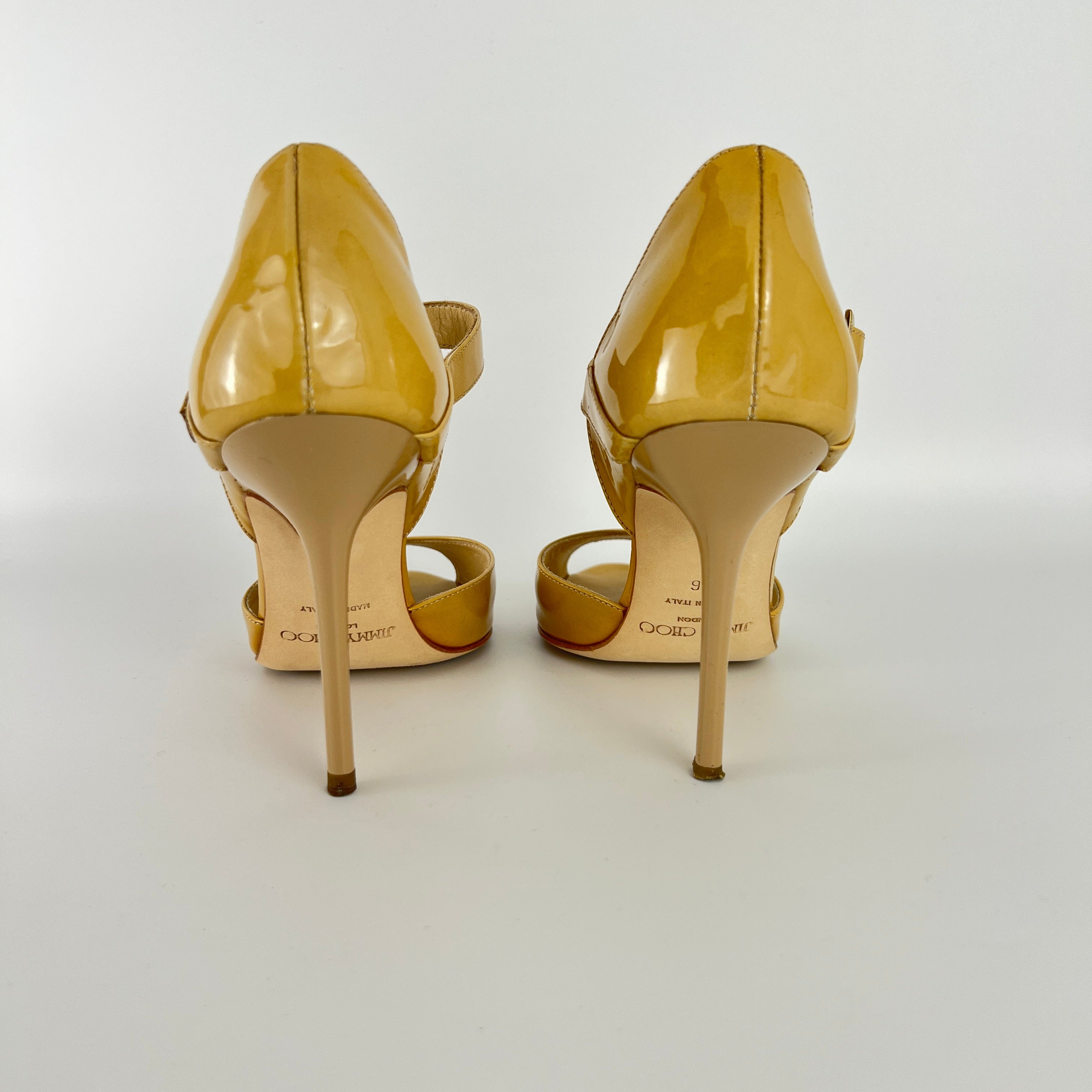 Jimmy Choo | Nude Beige Patent Leather Mary Jane Peep Toe Stiletto Pump(36)