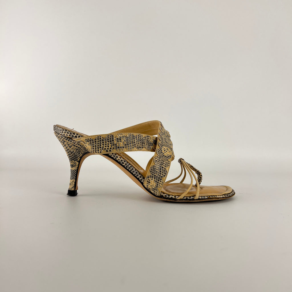 Manolo Blahnik | Tan Snake Leather Thong Mule Scalloped Edges (35.5)