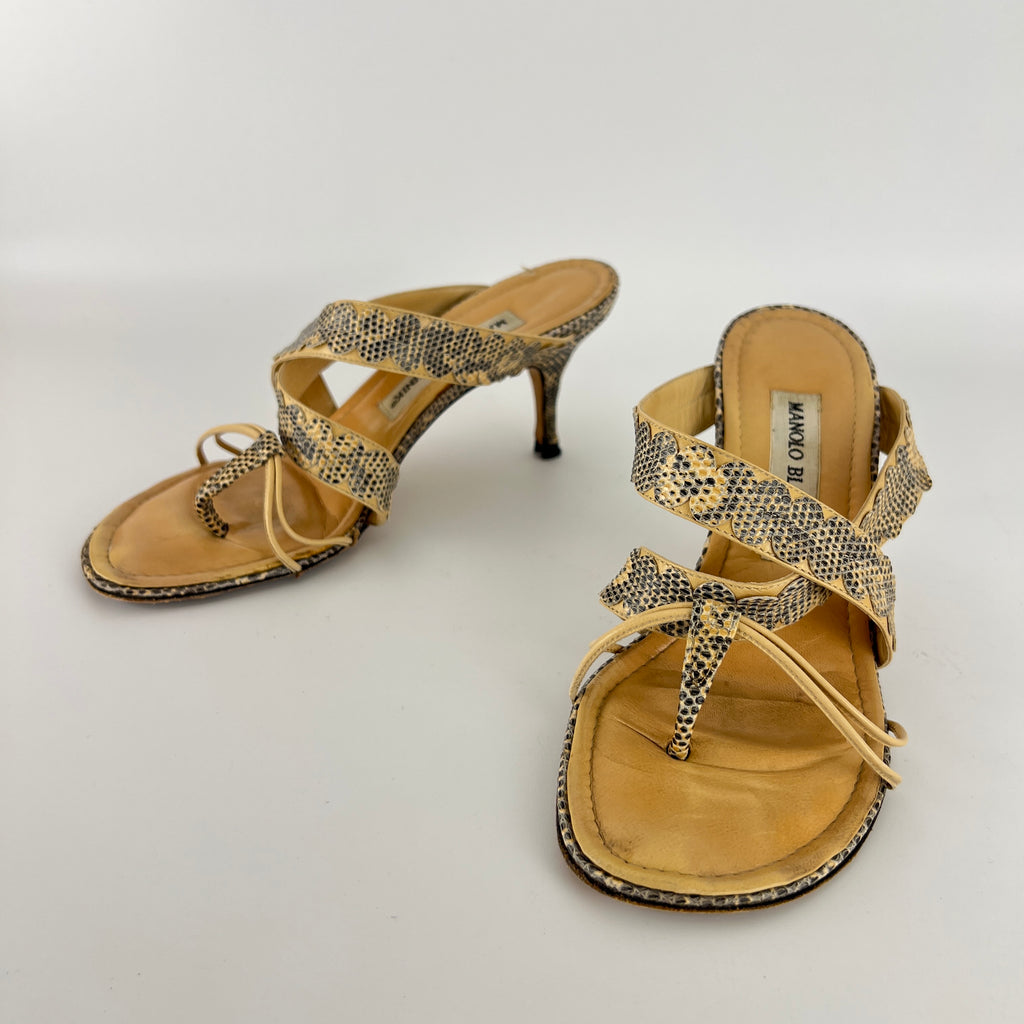 Manolo Blahnik | Tan Snake Leather Thong Mule Scalloped Edges (35.5)