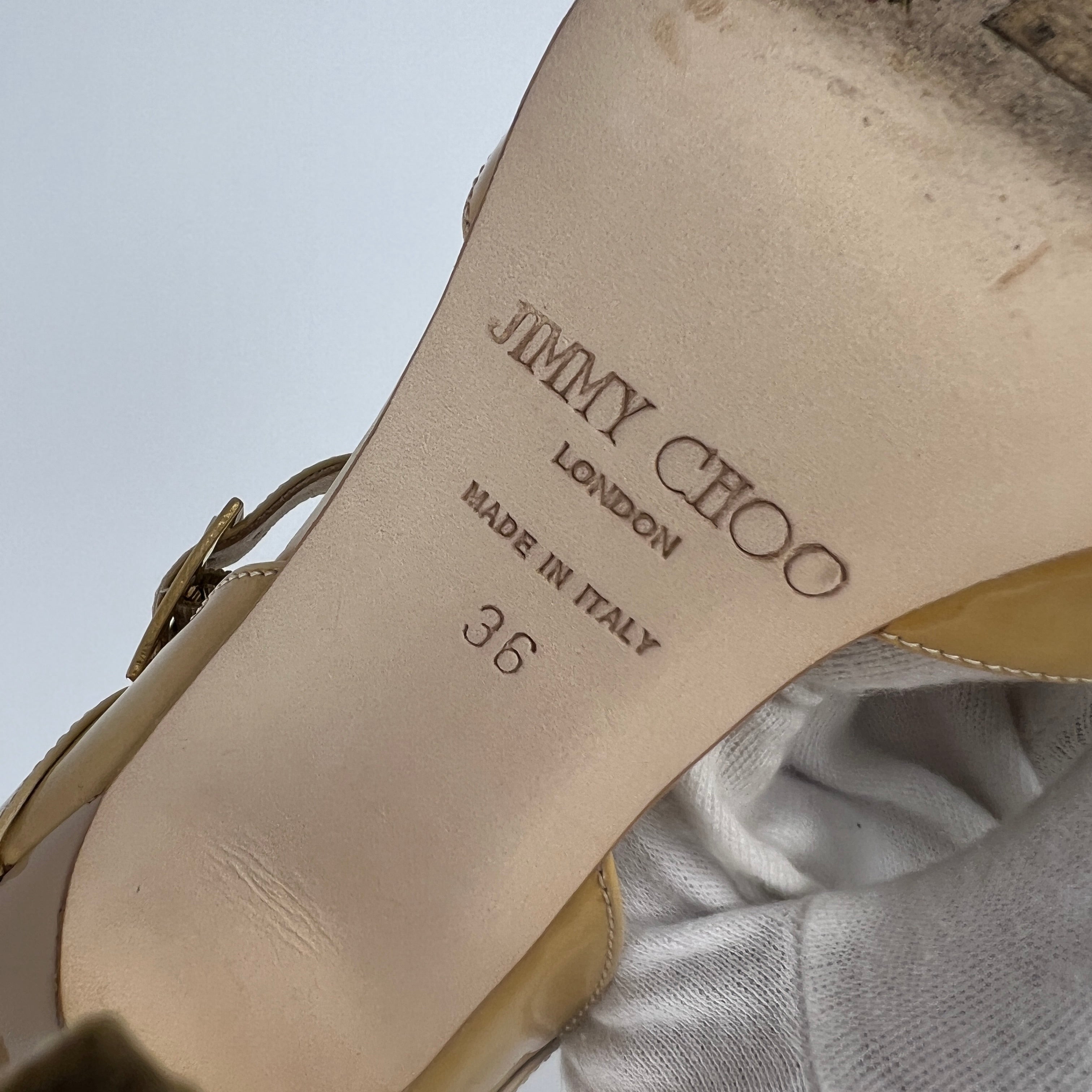 Jimmy Choo | Nude Beige Patent Leather Mary Jane Peep Toe Stiletto Pump(36)