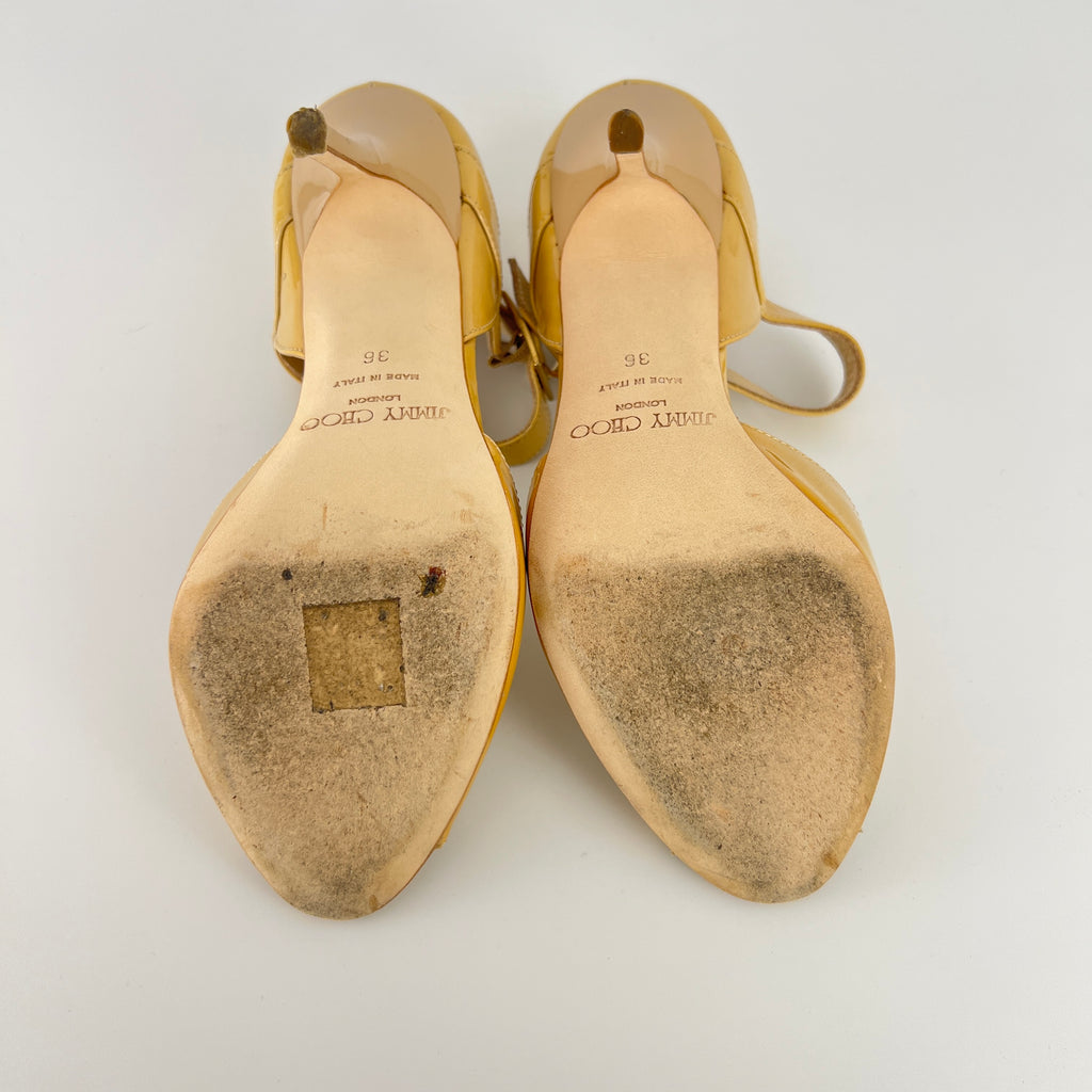 Jimmy Choo | Nude Beige Patent Leather Mary Jane Peep Toe Stiletto Pump(36)