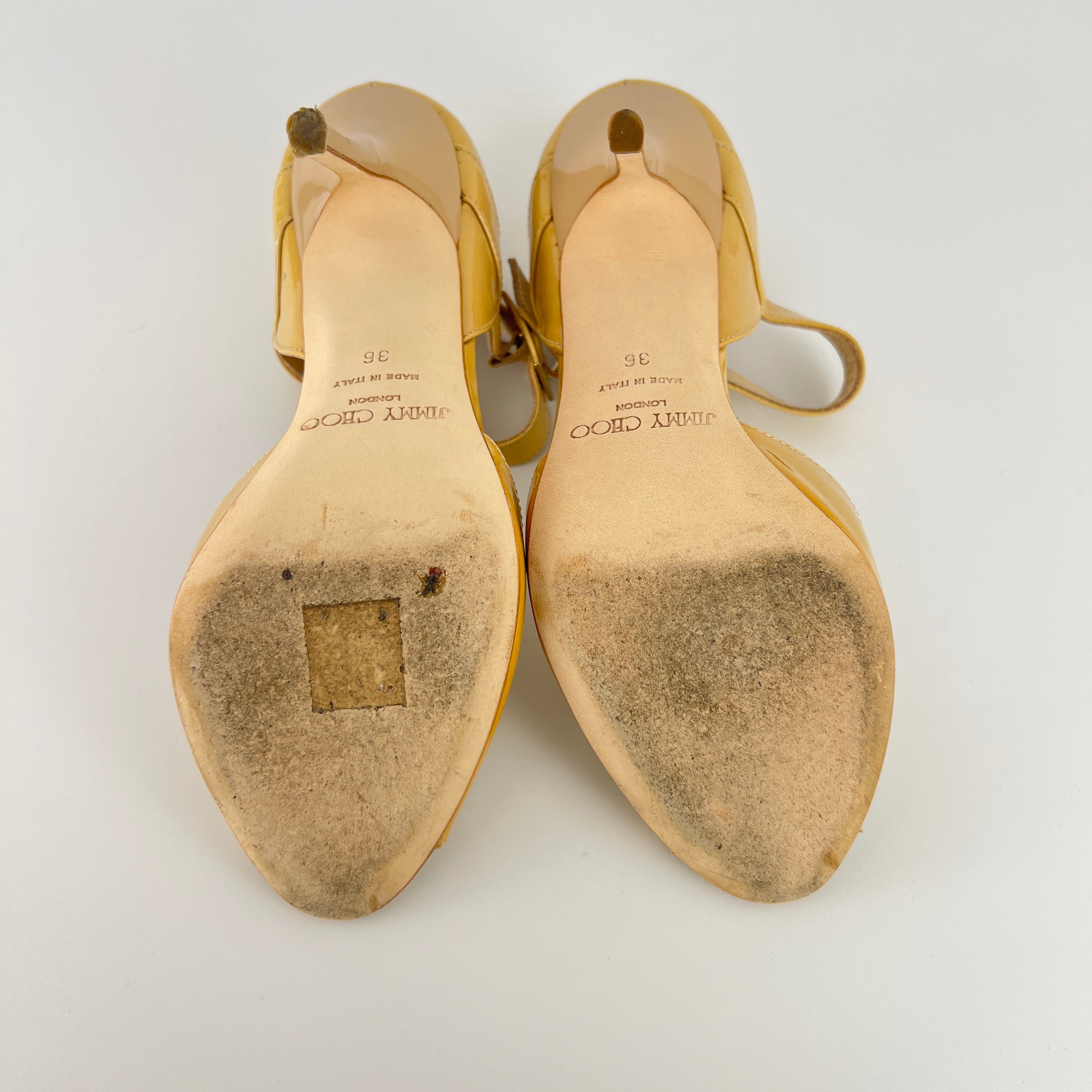 Jimmy Choo | Nude Beige Patent Leather Mary Jane Peep Toe Stiletto Pump(36)
