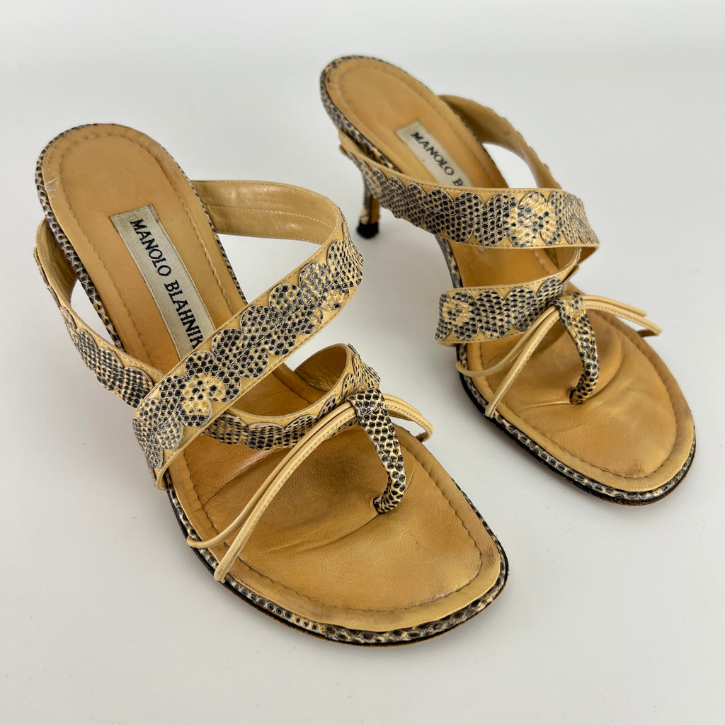 Manolo Blahnik | Tan Snake Leather Thong Mule Scalloped Edges (35.5)