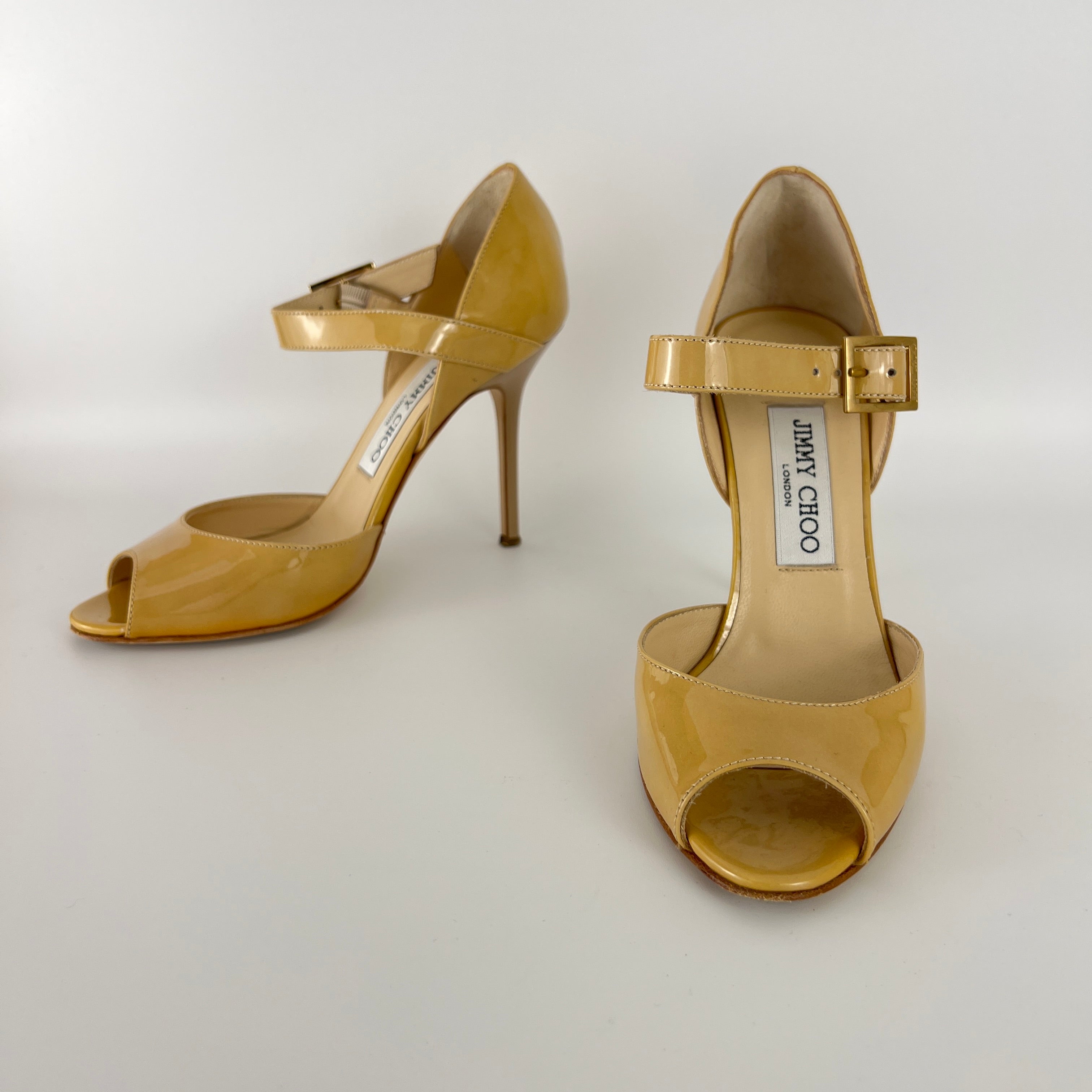 Jimmy Choo | Nude Beige Patent Leather Mary Jane Peep Toe Stiletto Pump(36)