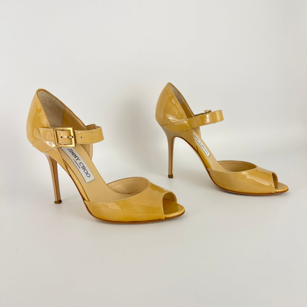 Jimmy Choo | Nude Beige Patent Leather Mary Jane Peep Toe Stiletto Pump(36)