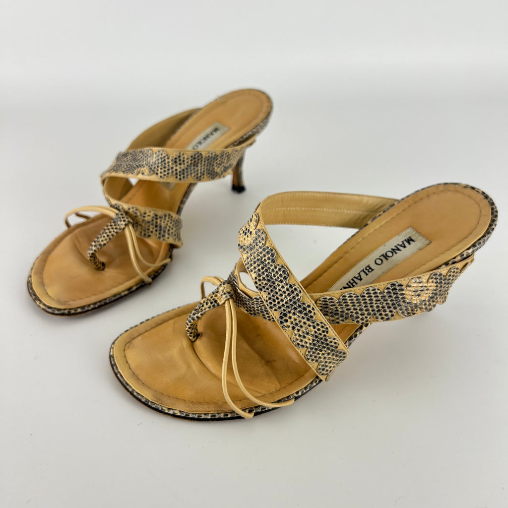 Manolo Blahnik | Tan Snake Leather Thong Mule Scalloped Edges (35.5)