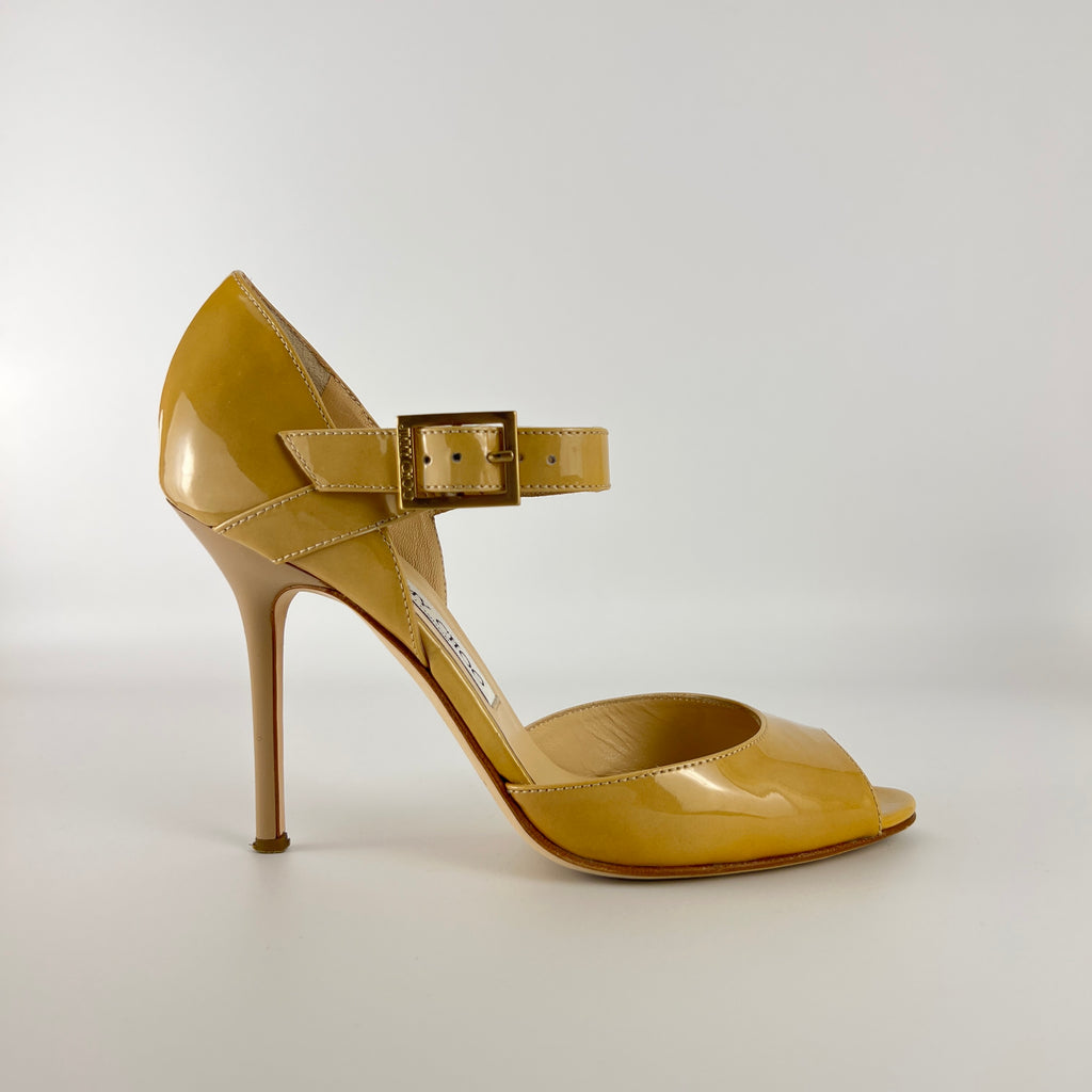 Jimmy Choo | Nude Beige Patent Leather Mary Jane Peep Toe Stiletto Pump(36)