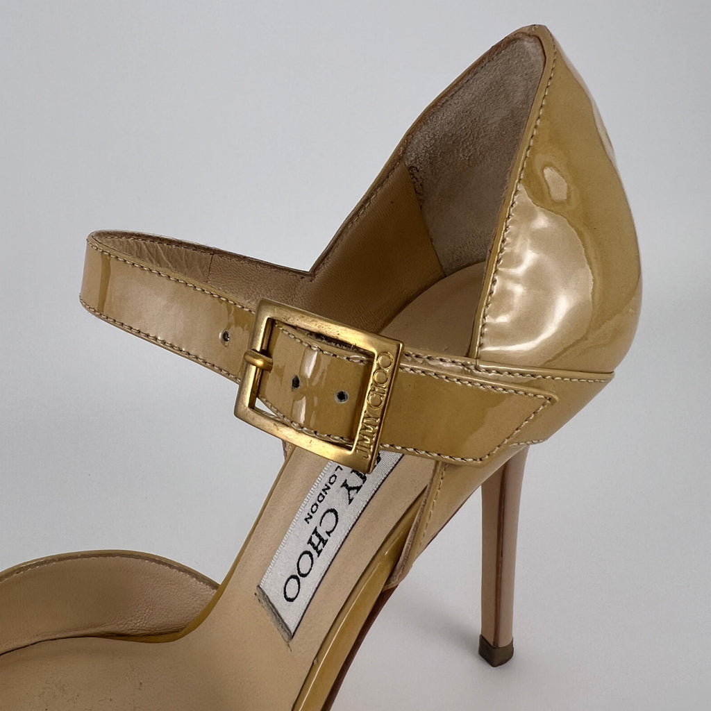 Jimmy Choo | Nude Beige Patent Leather Mary Jane Peep Toe Stiletto Pump(36)