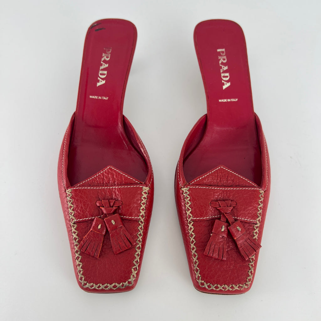 Prada | Vintage Red Square Toe Kitten Heel Mules Tassel Topstitching (37.5)