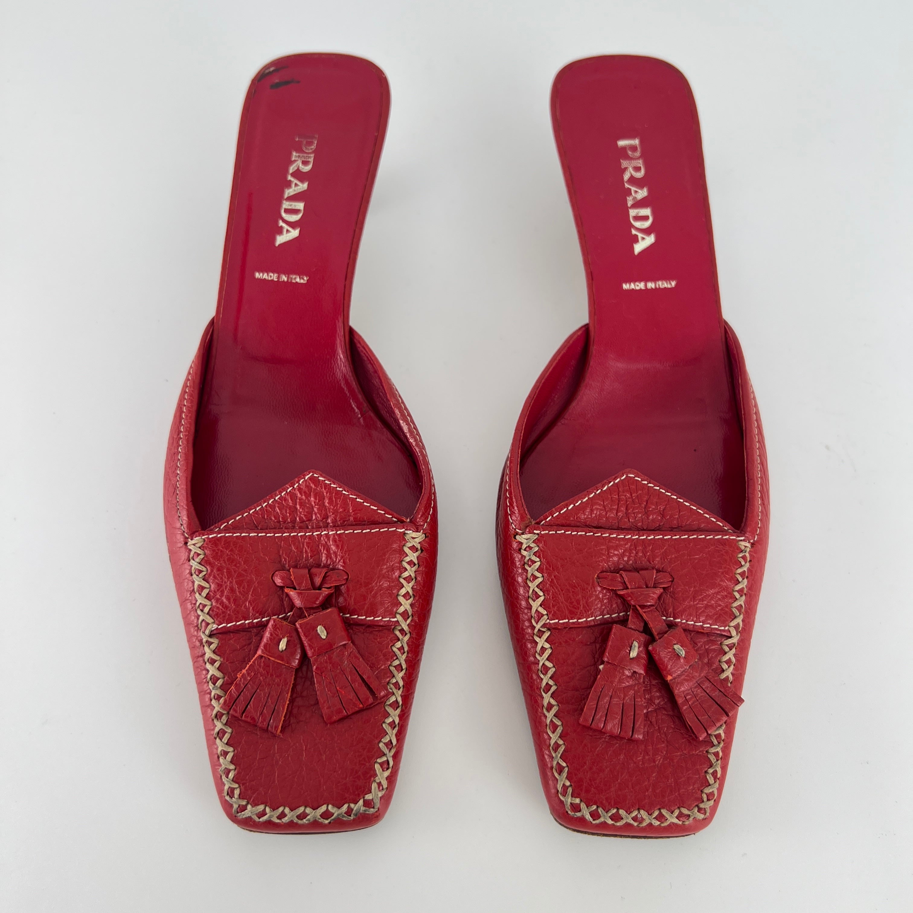 Prada | Vintage Red Square Toe Kitten Heel Mules Tassel Topstitching (37.5)