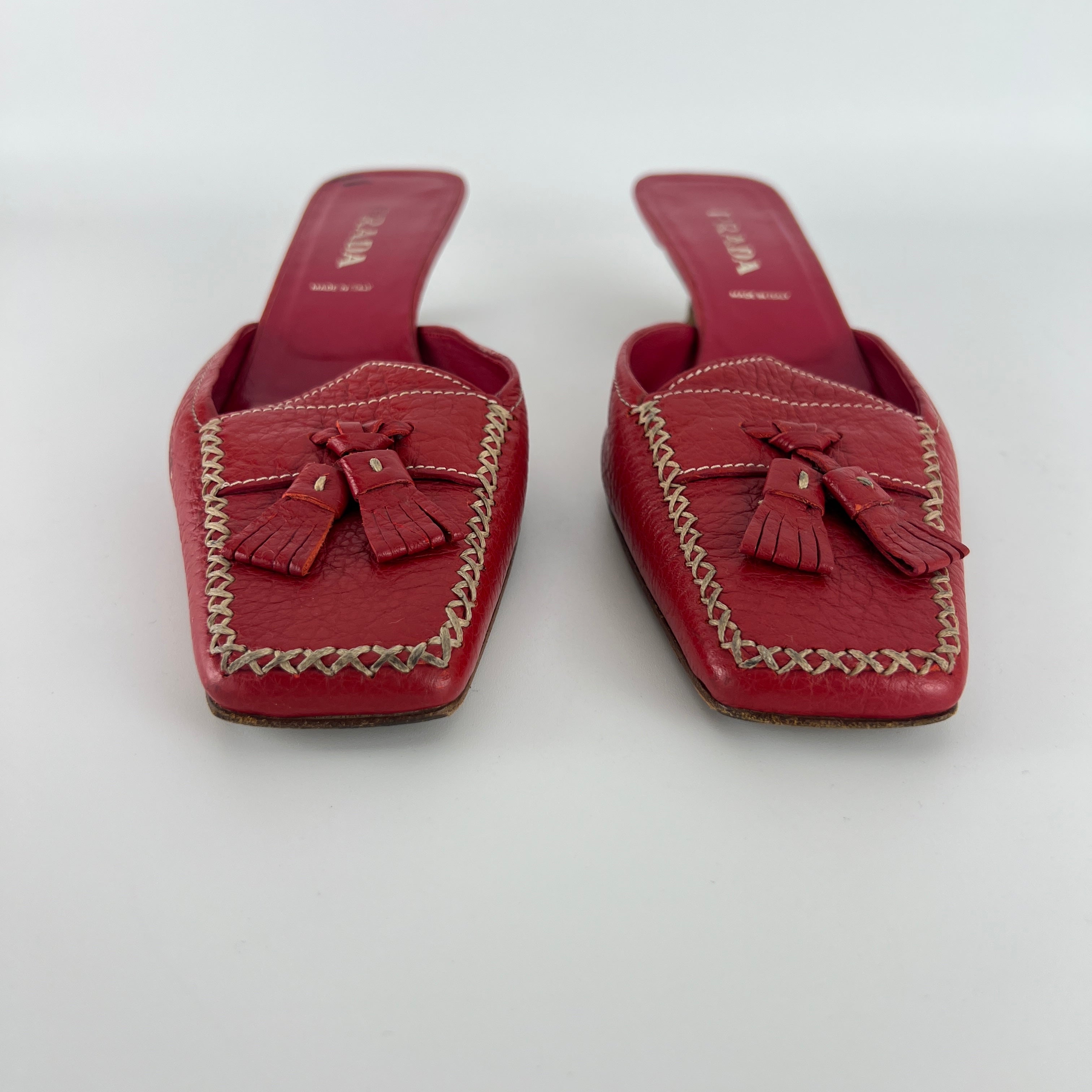 Prada | Vintage Red Square Toe Kitten Heel Mules Tassel Topstitching (37.5)